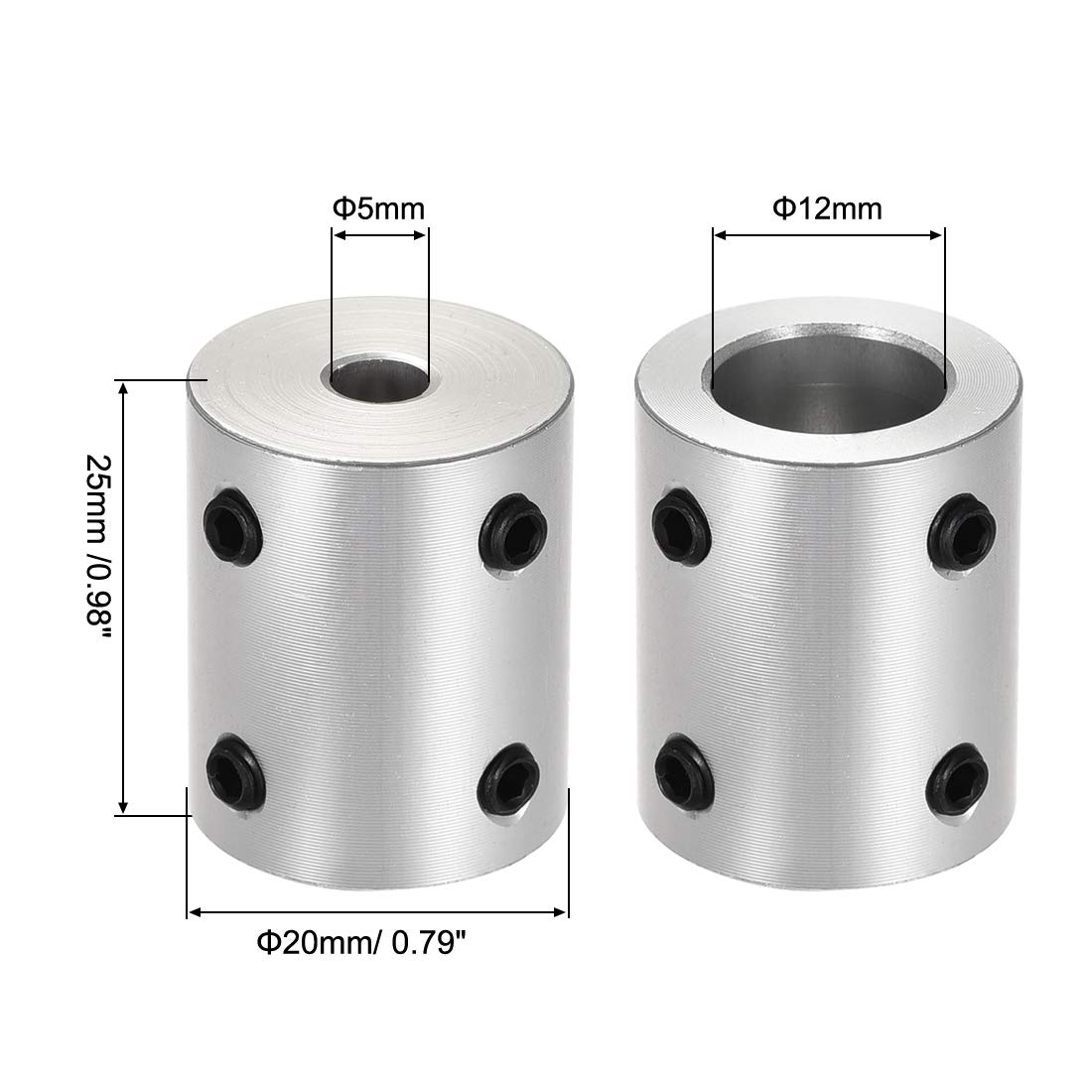 uxcell 5mm to 12mm Bore Rigid Coupling Set Screw L25XD20 Aluminum Alloy Shaft Coupler Connector - 2 Pack for 3D Printers, CNC Machines, Motor Accessories | Perfect for Robotics, DIY Projects & Industrial Equipment