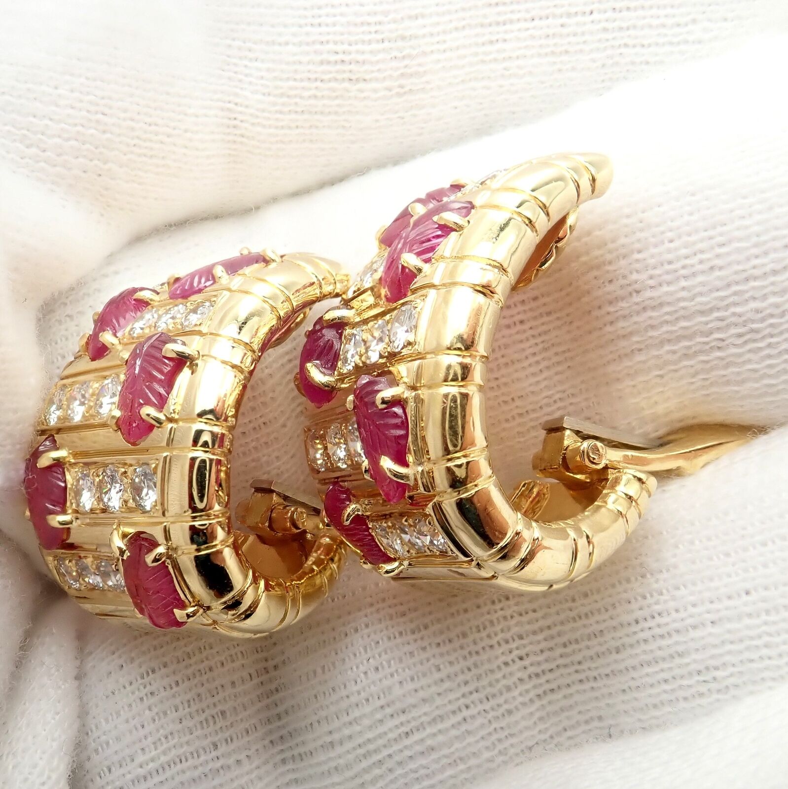 Vintage Andrew Clunn 18K Yellow Gold Diamond Carved Leaf Ruby Earrings - Elegant Antique Jewelry for Weddings, Parties & Special Occasions