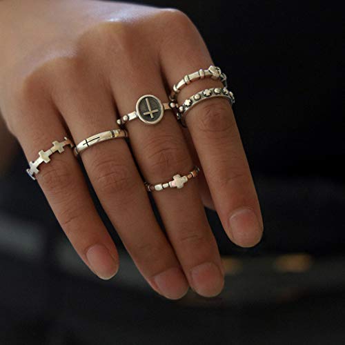 Boho Silver Cross Knuckle Rings for Women - Vintage Stackable Jewelry Set (6PCS) - Perfect for Everyday Wear, Layering & Boho Fashion Accessories
