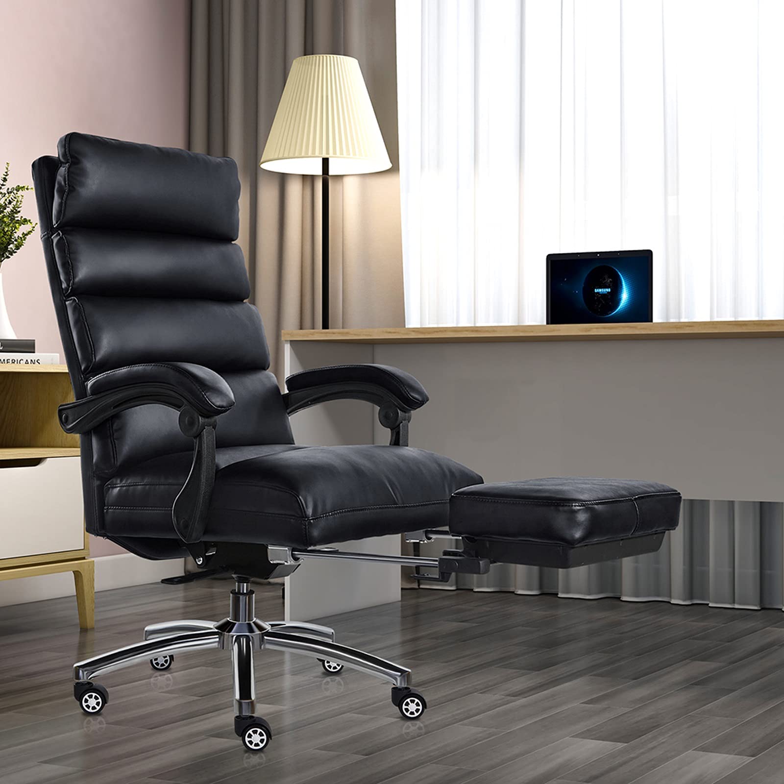 Ergonomic High Back Office Chair with Retractable Footrest - PU Leather Executive Desk Chair with Adjustable Height & Lumbar Support - Perfect for Home Office, Gaming & Workspace (Black)