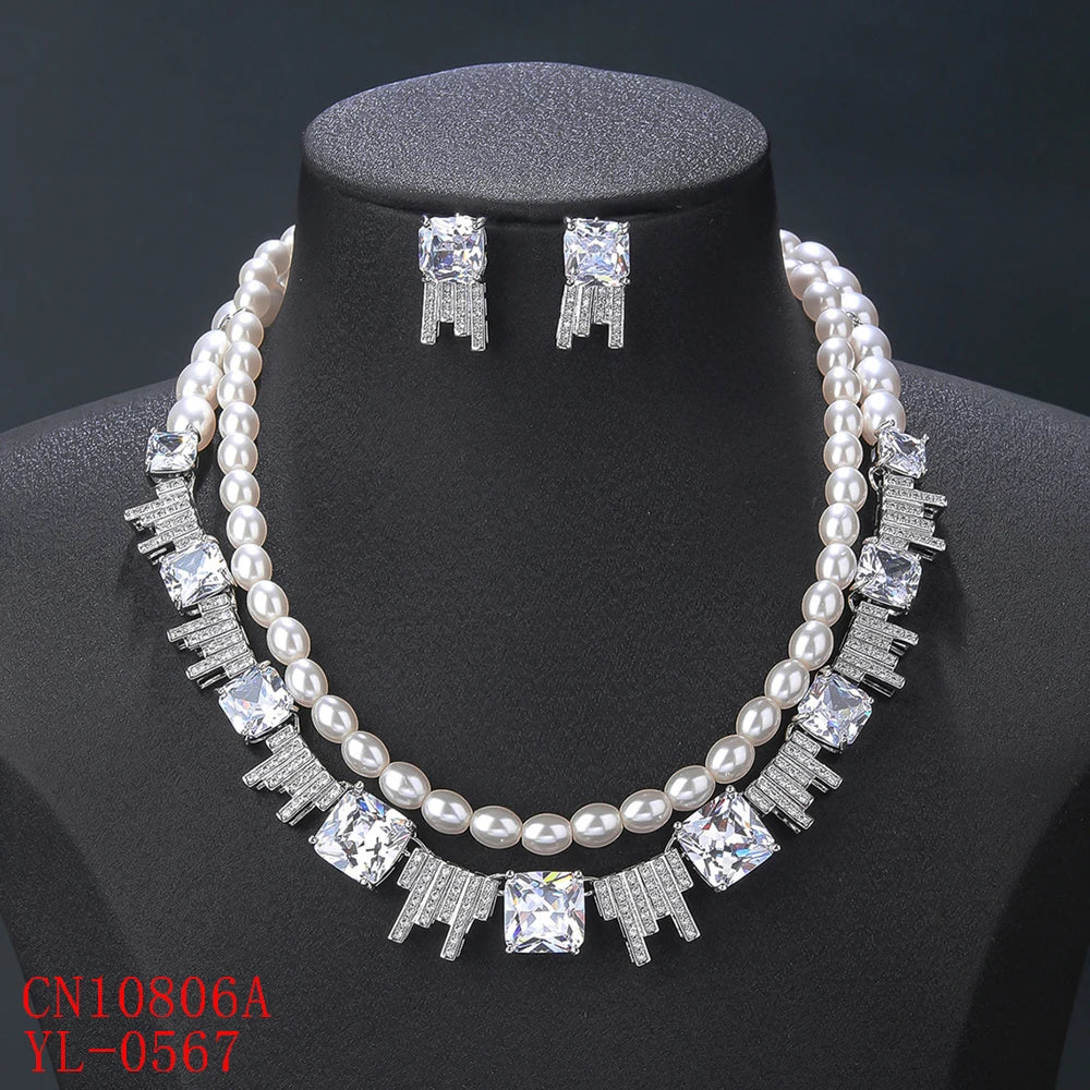 Luxury Cubic Zirconia Pearl Two Layer Necklace and Earrings Set for Women - Elegant Wedding Bridal Jewelry, Perfect for Bridesmaid Gifts & Special Occasions | CN10806A