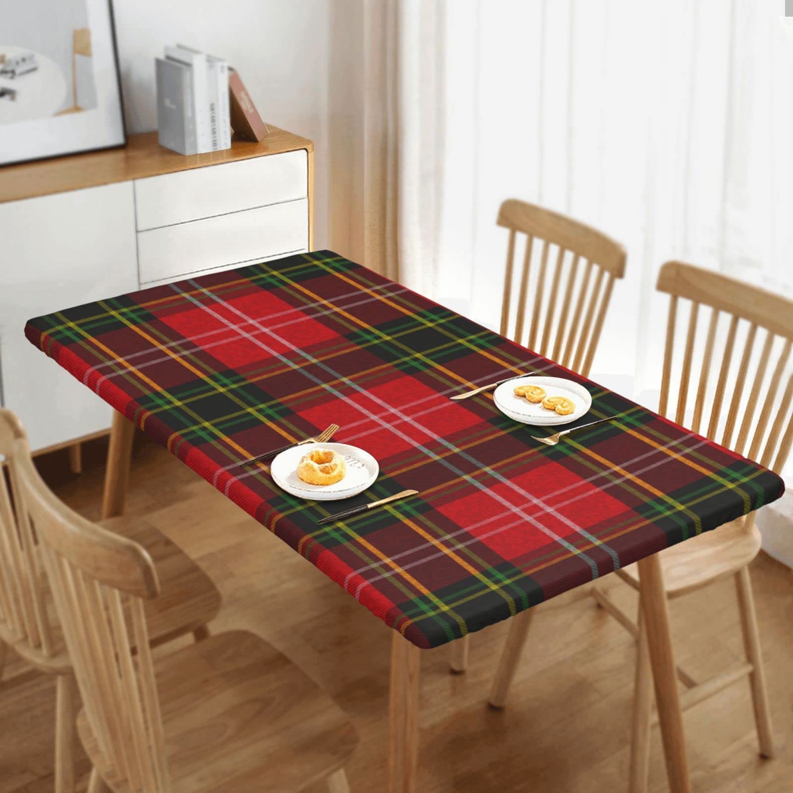 Waterproof Tartan Plaid Tablecloth for 5ft Rectangle Tables - Foldable Elastic Edged Table Cover in Red & Green | Perfect for Picnic, Party, Dining Room & Outdoor Events