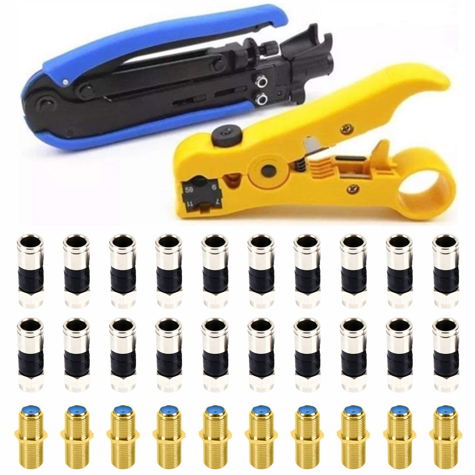 Premium RG6 RG59 RG11 Coaxial Cable Crimper & Compression Tool Kit - 75-5 75-7 Coax Stripper with 20pcs F Male & 10pcs Female to Female Connectors for Cable TV, Satellite & Internet Installation