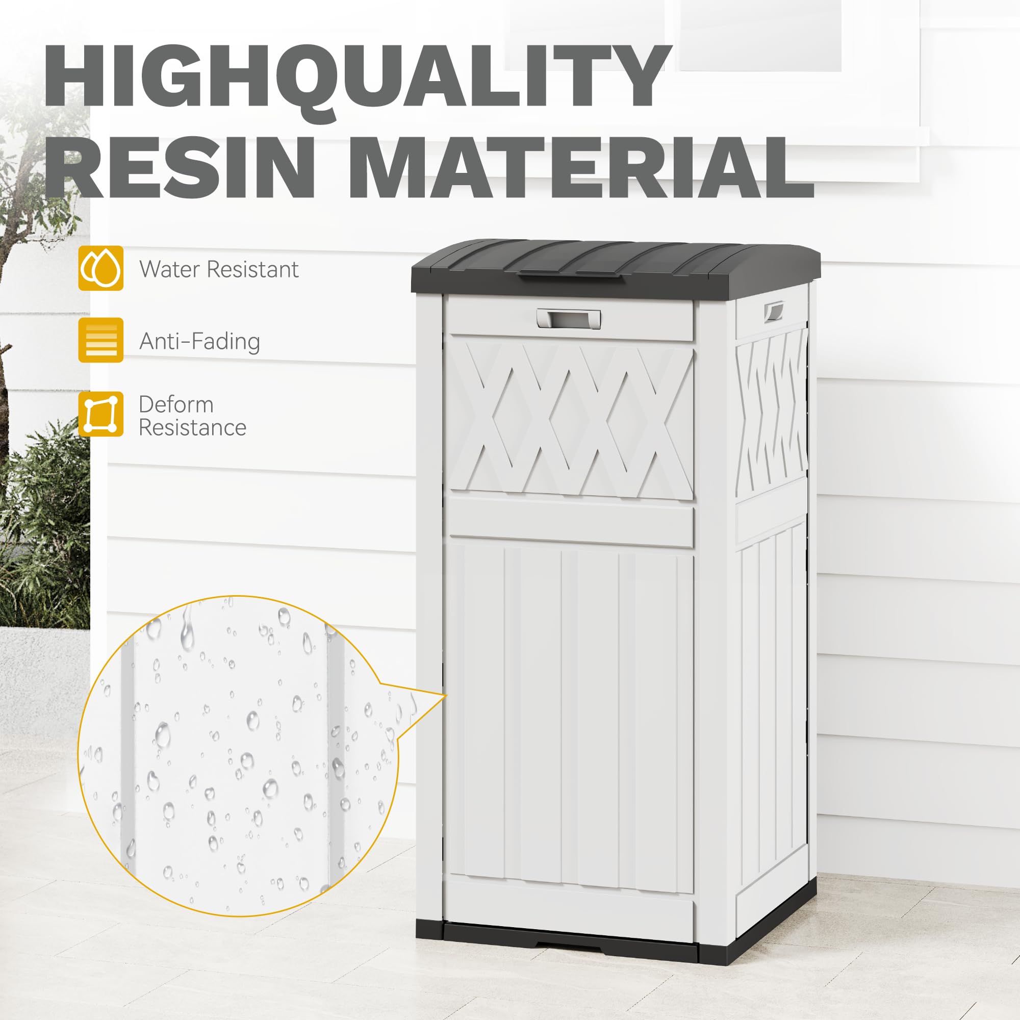 DWVO 38 Gallon Outdoor Trash Can with Tiered Lid & Drip Tray - Waterproof Resin Garbage Bin for Patio, Kitchen, Backyard - Heavy Duty Grayish-White Trash Container for Home, Garden & Commercial Use
