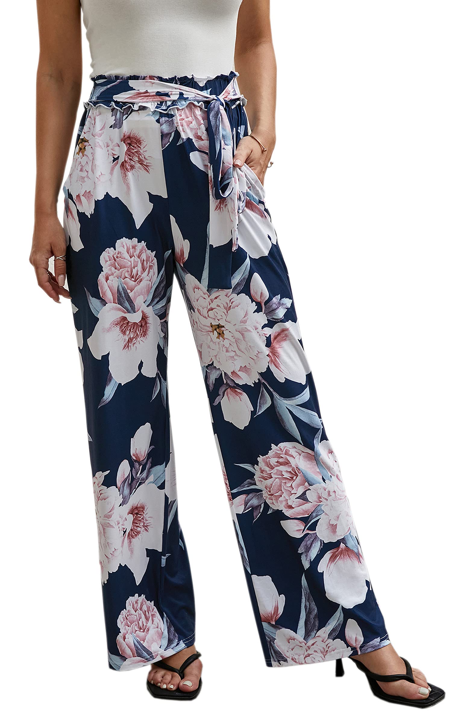 ECOWISH Women's Wide Leg Palazzo Pants - High Waist Flared Trousers with Pockets | Tropical Floral Print Casual Summer Pants 2025 | Perfect for Beach Vacations, Office Wear & Boho Fashion