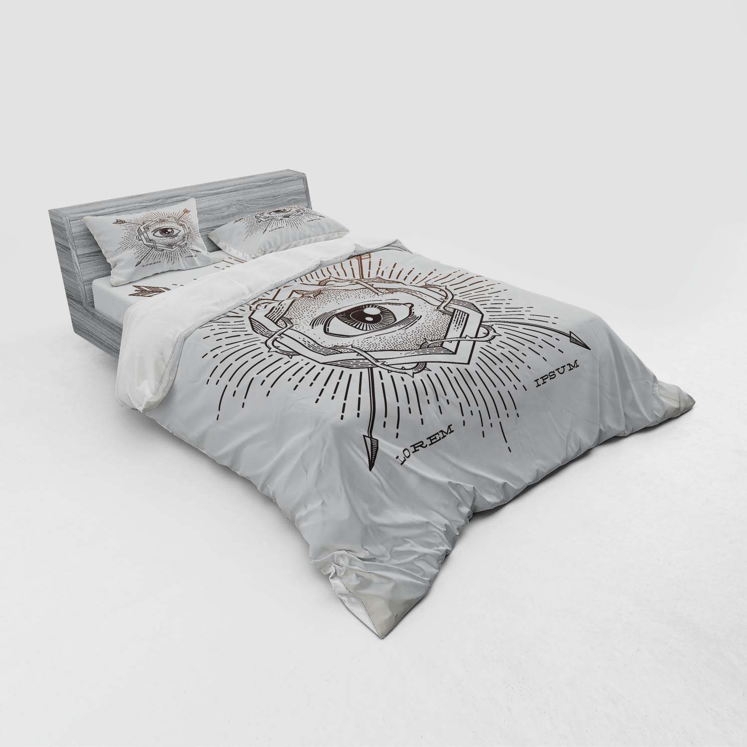 Ambesonne Bohemian Bedding Set - Queen Size 3-Piece Duvet Cover with Sham & Fitted Sheet, Geometric Hexagon Third Eye Design with Grunge Effects & Arrows Print, Beige - Perfect for Boho Chic Bedrooms & Meditation Spaces