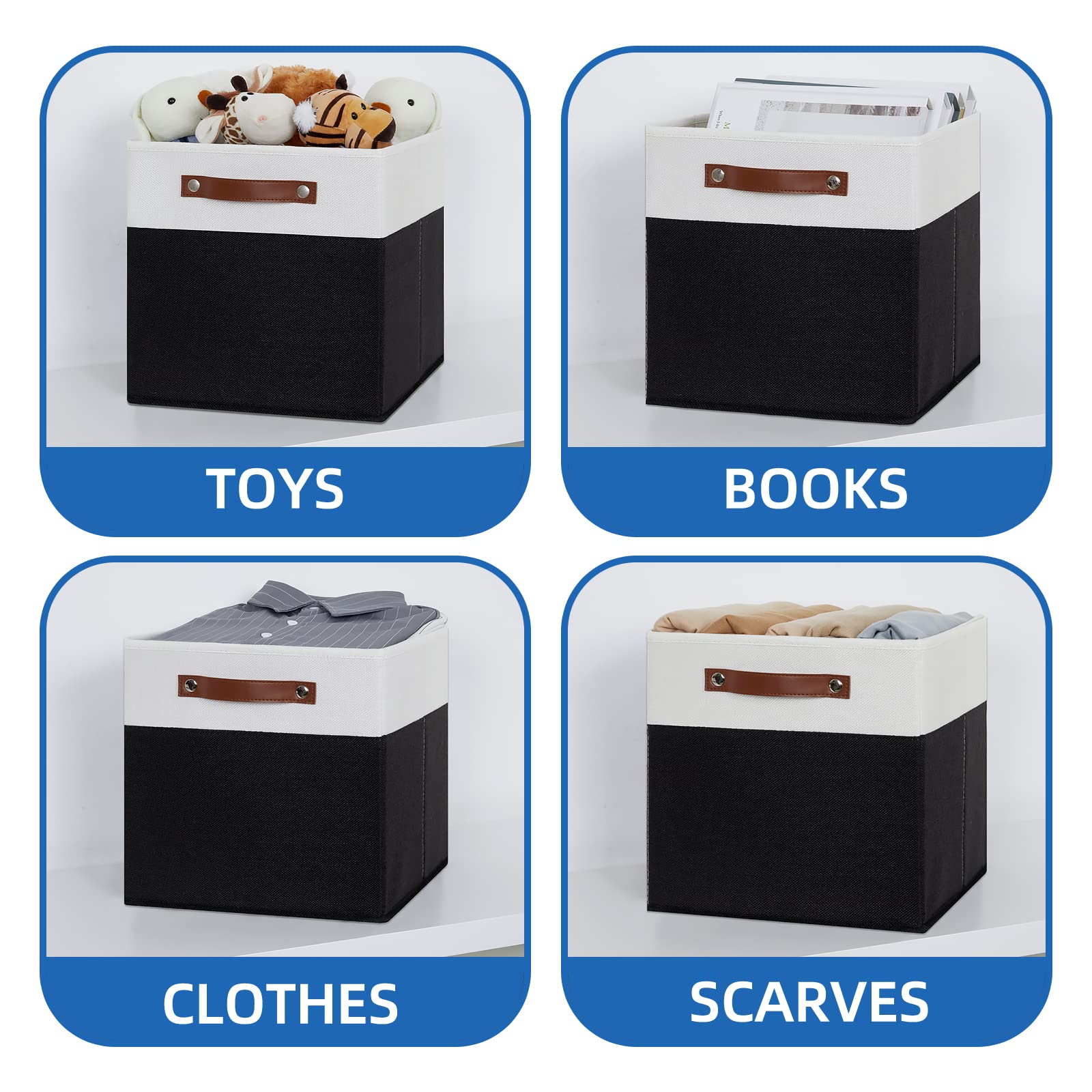 Temary 4-Pack Foldable Storage Cubes with Handles - Decorative Fabric Organizer Bins for Closet, Bedroom, Office, Nursery (White & Black) | Space-Saving Home Organization Solution for Toys, Books, Clothes & More