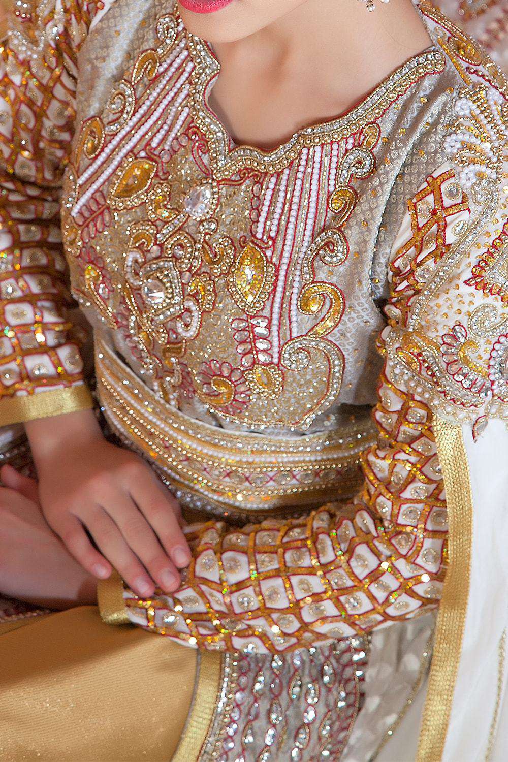 Elegant Gold & Off-White Gray Modern Moroccan Wedding Dress Long Sleeve Caftan - Perfect for Bridal Showers, Destination Weddings & Special Occasions