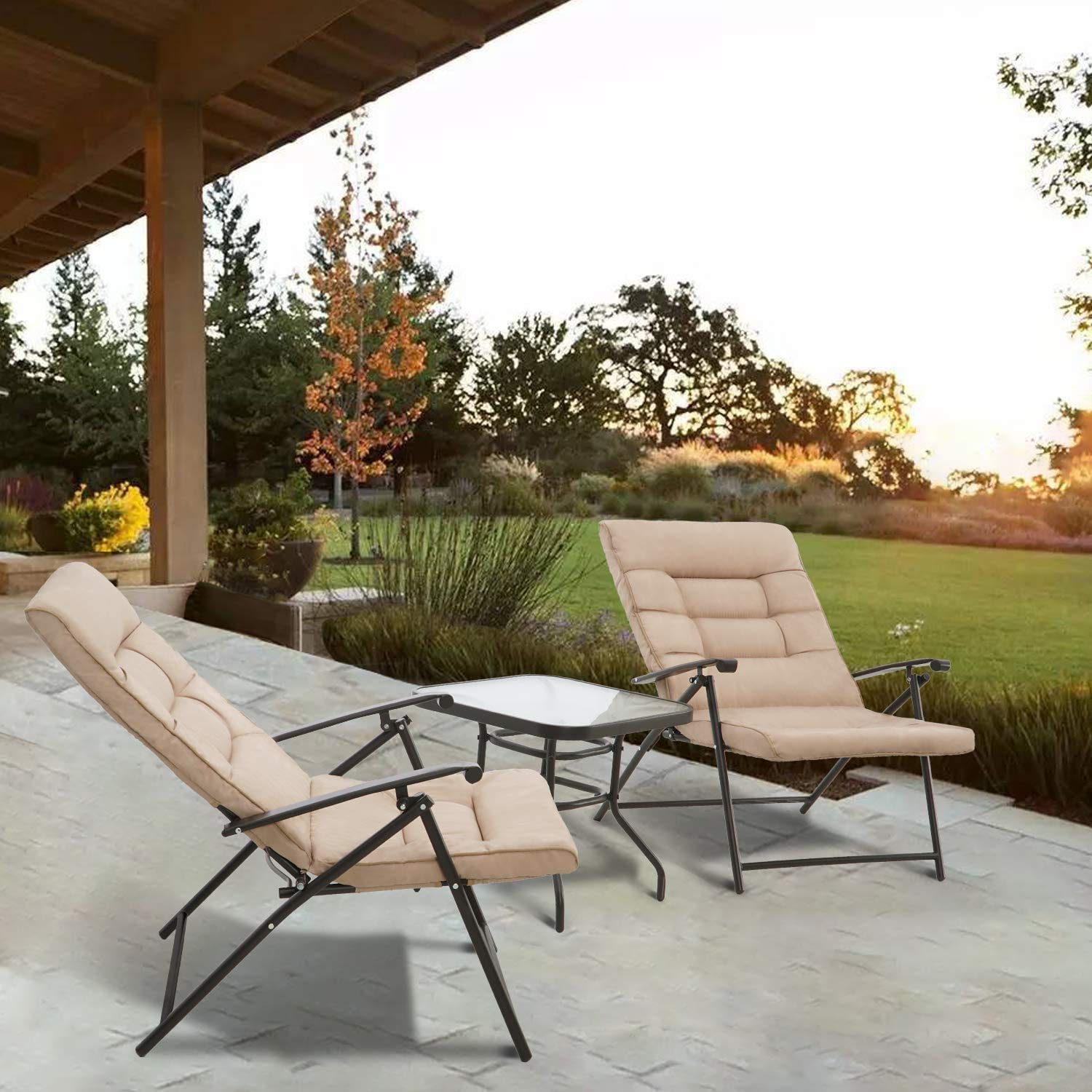 3-Piece Patio Folding Bistro Set - Outdoor Metal Adjustable Recliner Furniture with 2 Foldable Padded Chairs & Coffee Table - Perfect for Balcony, Backyard, Porch, Garden & Poolside (Beige)