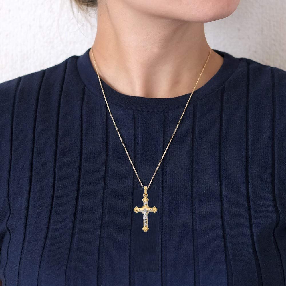 14K Two-Tone Yellow Gold & White Gold INRI Crucifix Pendant Necklace - Polished Cross with Budded Edges - Religious Jewelry Gift for Women & Men - Perfect for Baptism, First Communion, Confirmation & Daily Wear