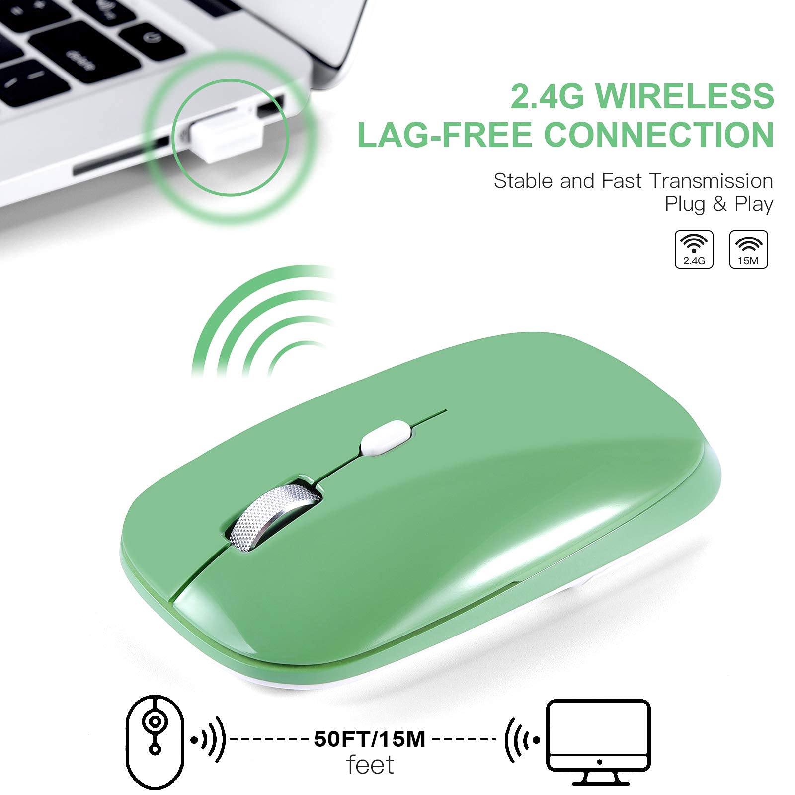 PINKCAT 2.4G Slim Silent Wireless Mouse with USB Receiver, 3 Adjustable DPI Portable Optical Cordless Mouse for Laptop, PC, Notebook, Desktop, Mac - Ideal for Office, Home, and Travel Use (Green)