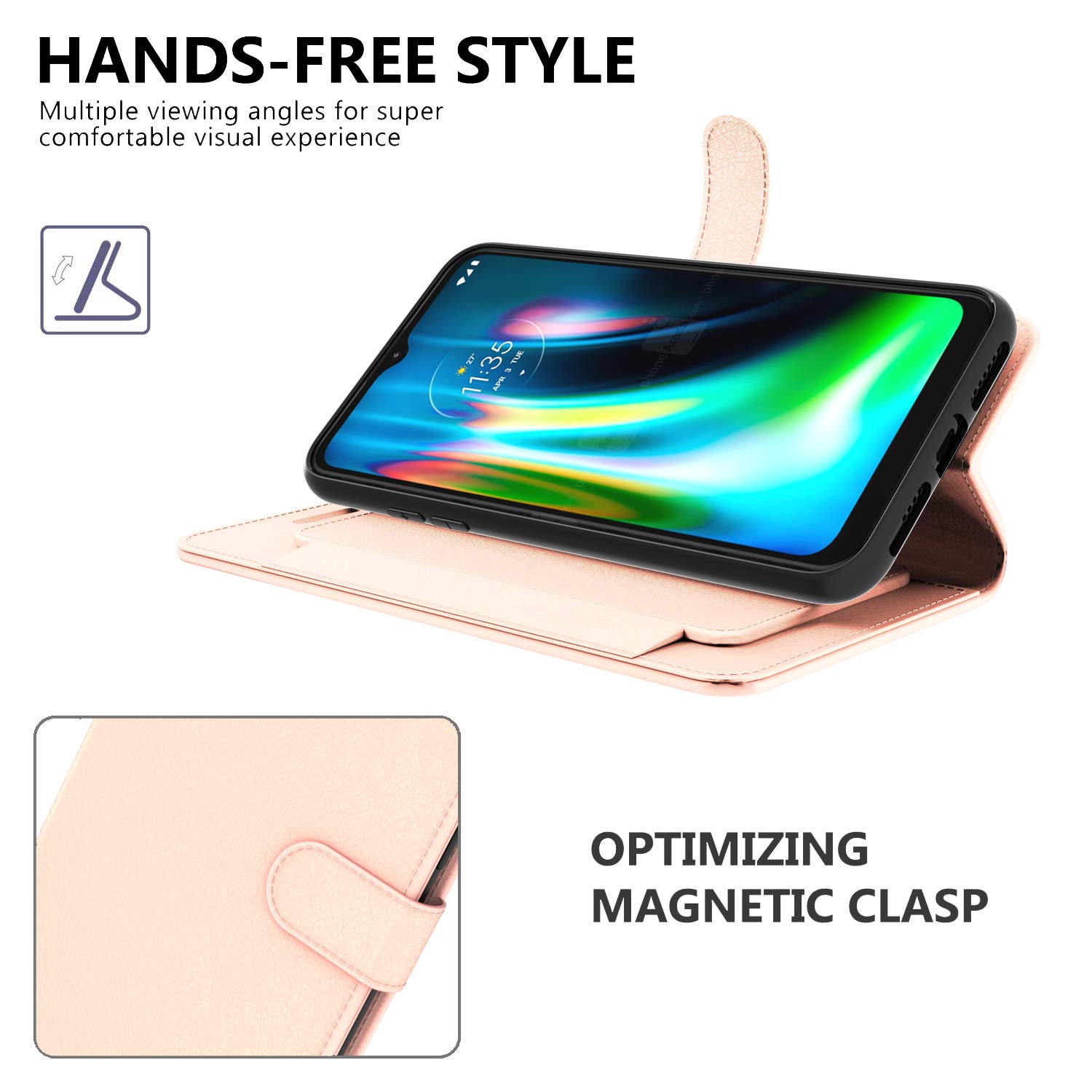 Premium RFID Blocking PU Leather Flip Folio Stand Case for Motorola Moto G9 Play/G9 - Rose Gold | Wallet Phone Cover with Card Slots | Perfect for Travel, Business & Daily Protection