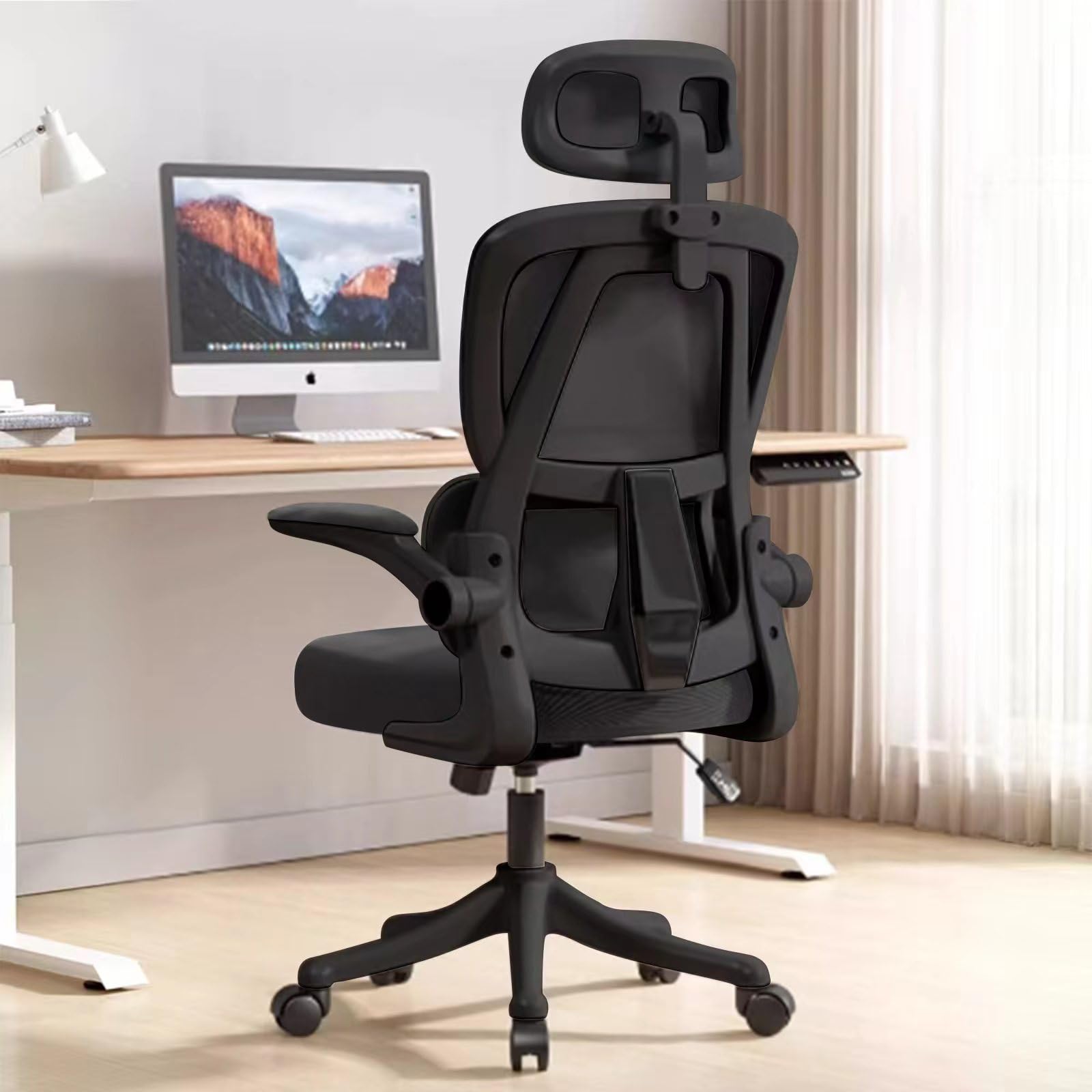 Ergonomic Office Chair with Flip-Up Armrests & Lumbar Support - High Back Mesh Computer Desk Chair, Adjustable Headrest Swivel Task Chair for Home Office & Gaming - Black | Perfect for Long Work Hours & PC Gaming Sessions