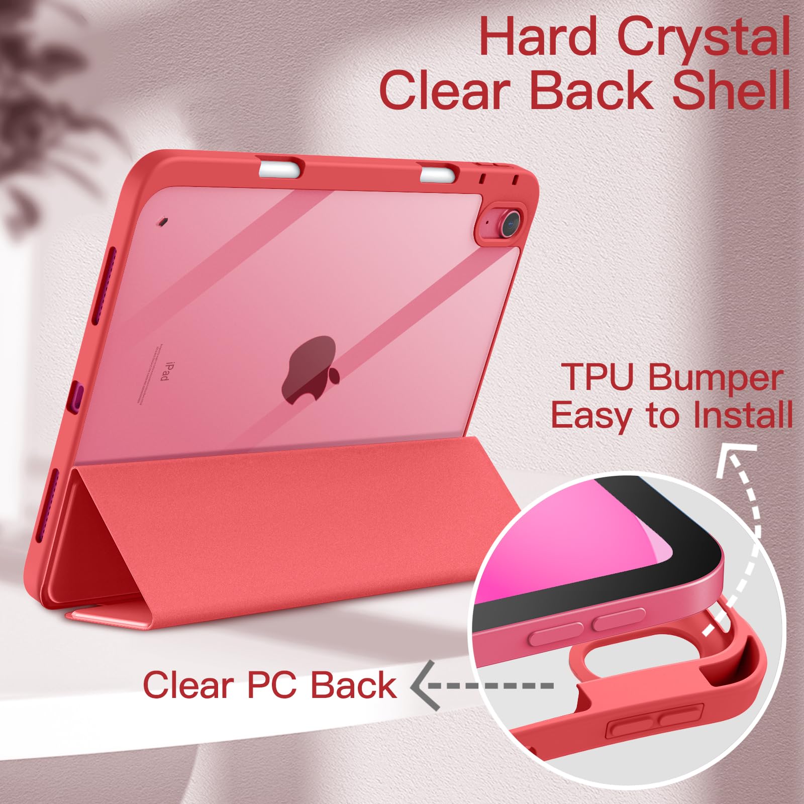 JETech Clear Shockproof iPad Case for iPad 11th/10th Gen (2025/2022 Model A16) - Slim Stand Cover with Pencil Holder & Auto Wake/Sleep - Watermelon Color - Perfect for Work, School & Travel Protection