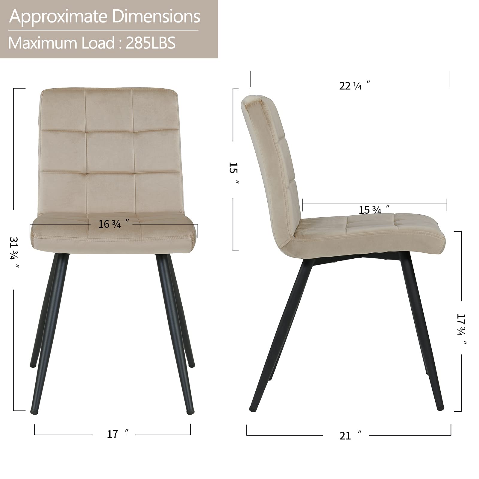 DUHOME Velvet Dining Chairs Set of 4 - Mid Century Modern Upholstered Side Chairs for Kitchen, Living Room & Bedroom - Soft Accent Reading Chairs in Khaki for Home Decor & Vanity Use