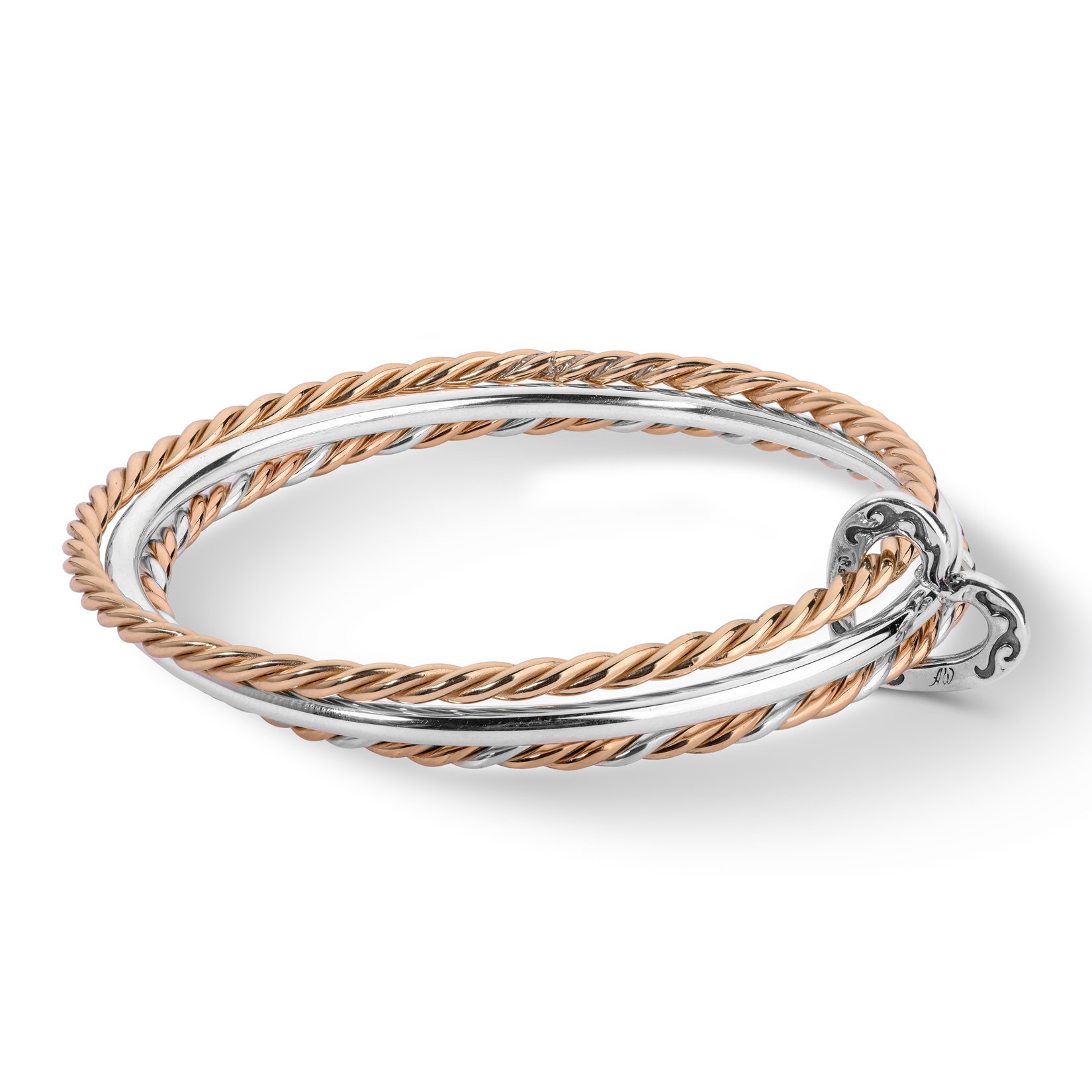 American West Silver & Brass Three-Piece Bangle Set with Heart Charm - Sizes S/M/L - Western Jewelry for Cowgirl Fashion & Boho Style