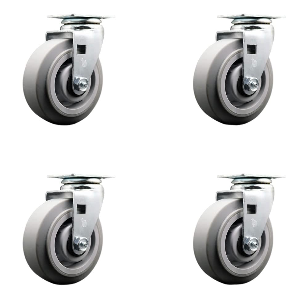 5 Inch Swivel Top Plate Caster Set with 2 Inch Gray Thermoplastic Rubber Wheels - Ball Bearing Heavy Duty Casters (1800 lbs Capacity) - Set of 4 for Industrial Equipment, Workbenches, and Furniture Movers