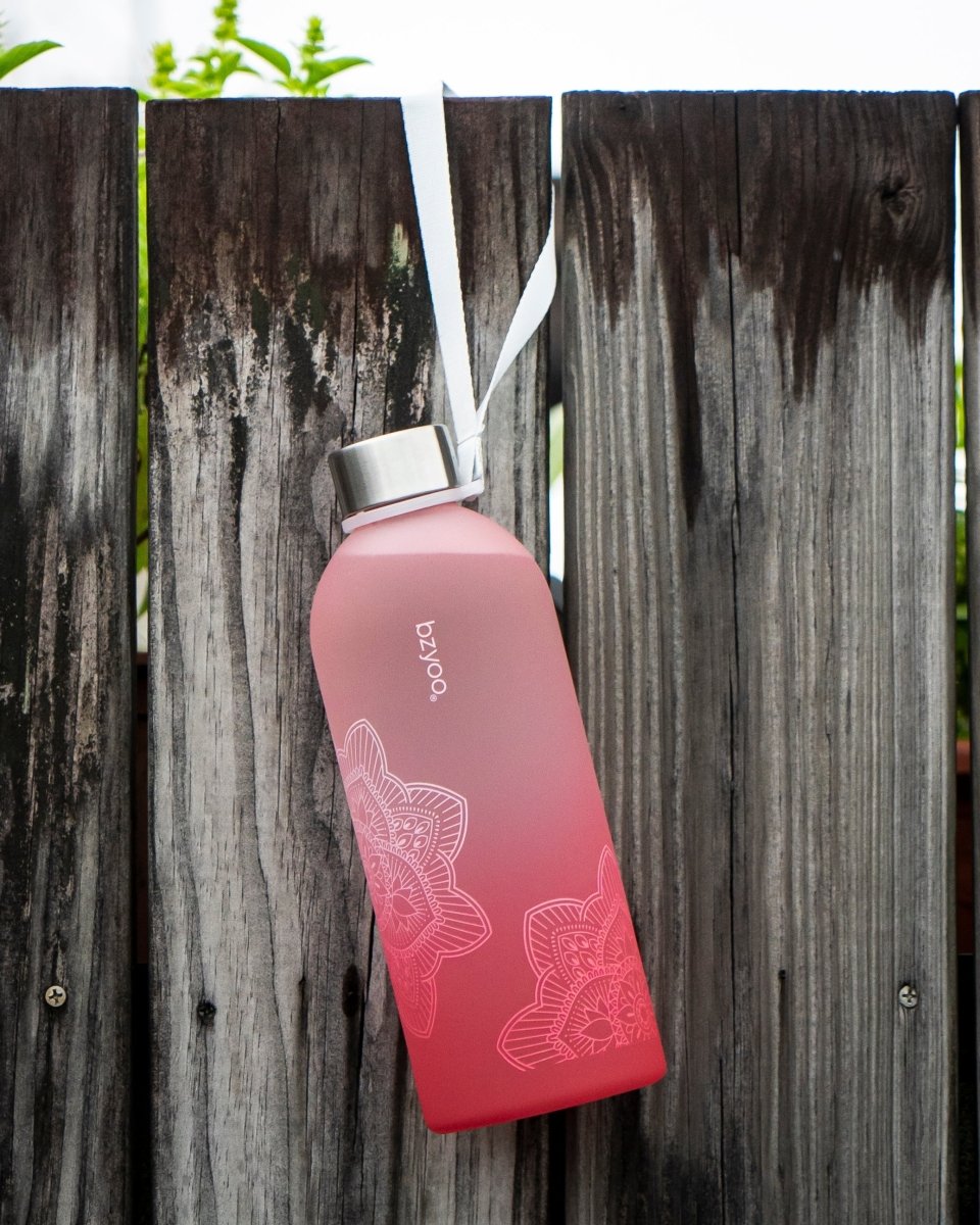 32oz La La Mandala Time Marker Tritan Water Bottle with Carrying Strap - Ombre Red | BPA-Free Leakproof Water Container for Gym, Yoga, Hiking & Outdoor Activities | Motivational Hydration Tracking Bottle for Fitness Enthusiasts