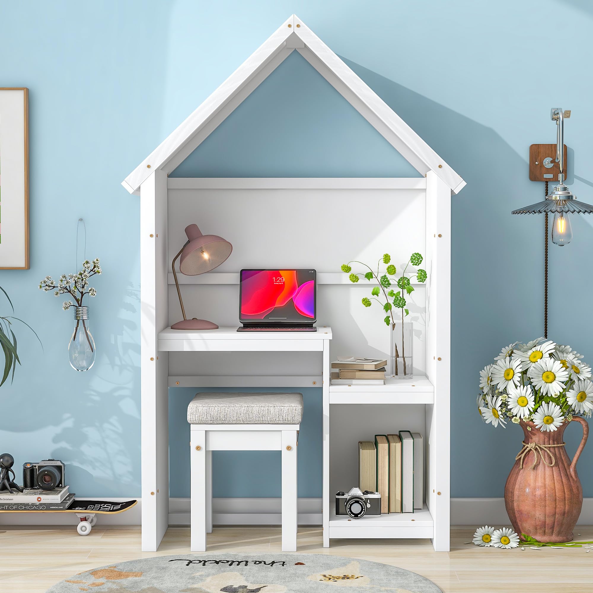 Dolonm Kids Desk and Chair Set - Wooden Study Desk with Detachable Cushion Stool & Storage Shelf, House-Shaped Design for Bedroom - Perfect for Homework, Drawing & Learning Activities (Ages 3+, White)