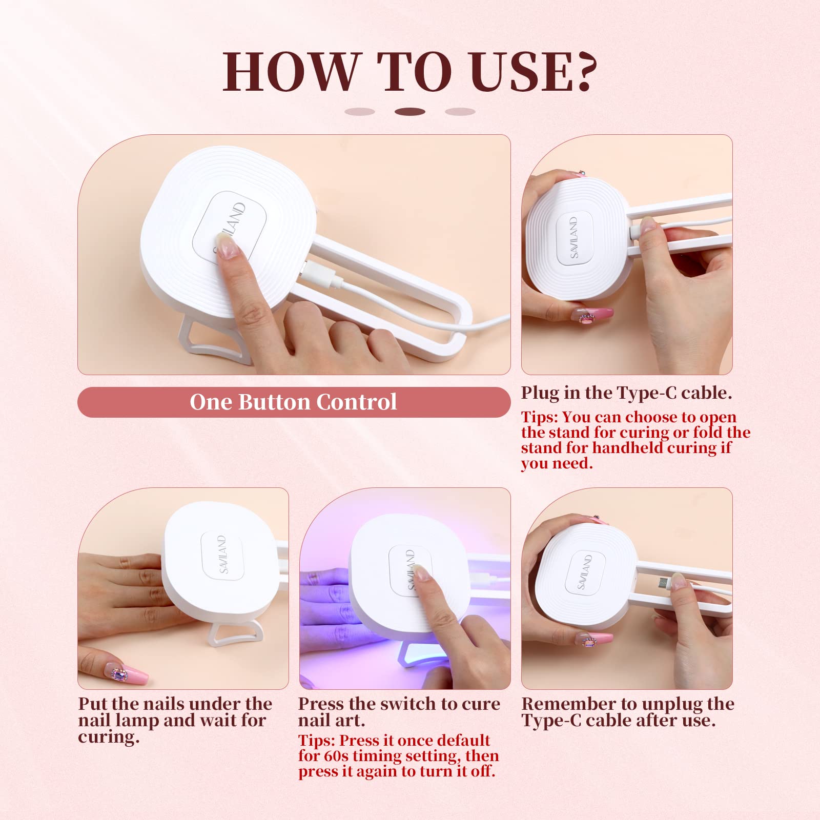 SAVILAND 36W UV LED Nail Lamp - Portable Handheld Gel Nail Dryer with Folding Stand for Home & Salon Use | Fast Curing for All Soak-Off UV Gel Nails | Perfect for DIY Nail Art & Professional Manicures