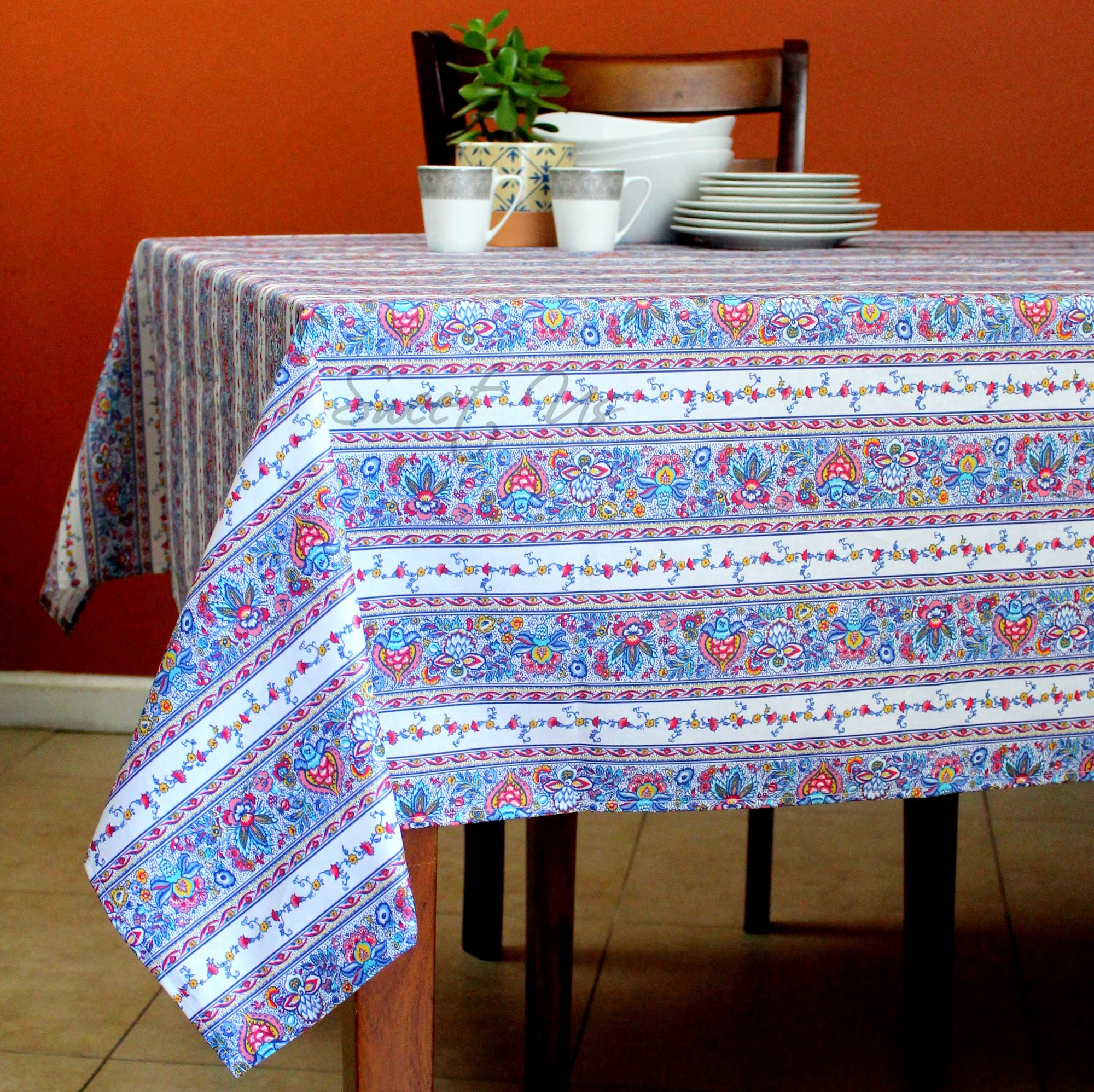 Spill-Resistant Wipeable Acrylic Coated Floral Cotton Tablecloth - French Provencal Style 60x116 Inches Rectangle Table Cover in White Indienne Florale Design - Perfect for Dining Room, Kitchen, Outdoor Picnics & Special Occasions