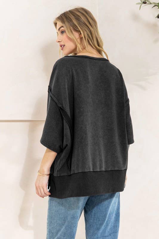 Plus Size Washed Knit Terry Top - Soft & Comfortable Women's Casual Shirt in Washed Black (1XL) - Perfect for Loungewear, Yoga, and Everyday Wear
