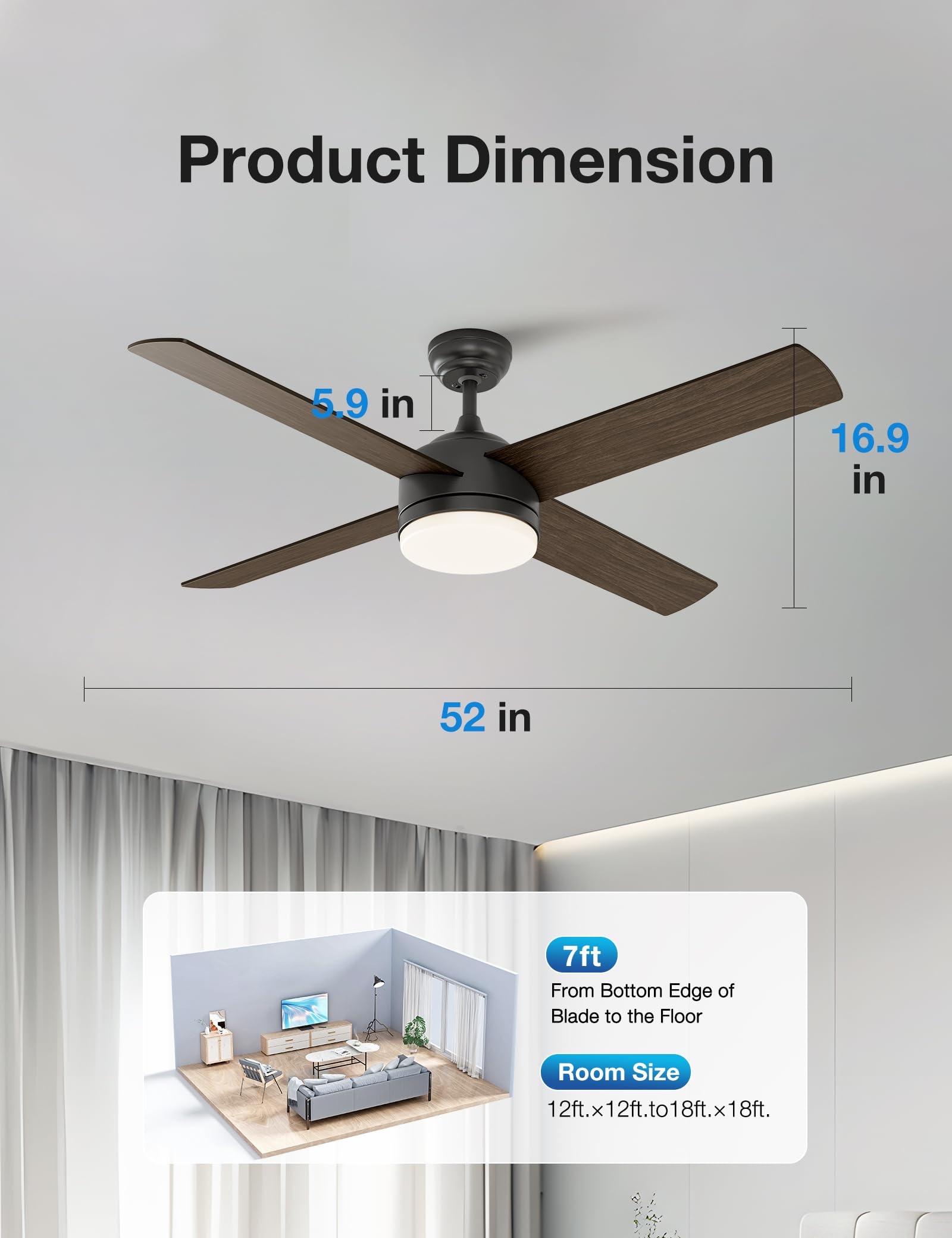 52 Inch Black Ceiling Fan with Lights & Remote Control - 4 Blades for Bedroom, Living Room, Office, Basement, Kitchen & Dining Room | Energy Efficient Cooling & Stylish Home Decor