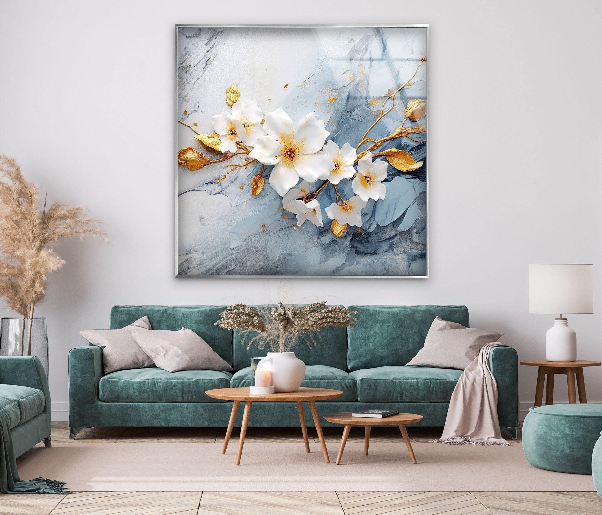 Alcohol Ink White Flower Glass Wall Art - Handmade Modern Home Decor for Living Room, Bedroom & Office - Unique Gift Idea
