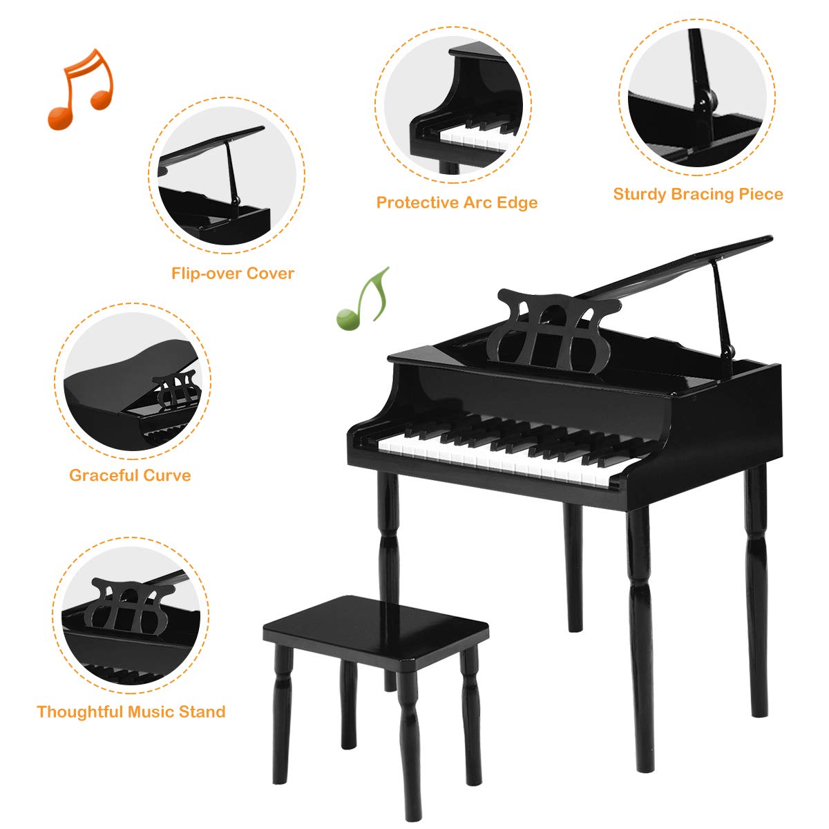 Costzon 30-Key Wooden Toy Grand Piano with Music Stand & Bench - Mini Musical Instrument for Kids, Ideal for Children's Room & Playroom - Perfect Birthday & Christmas Gift (Black, Straight Leg) - Encourage Early Music Education & Creative Play