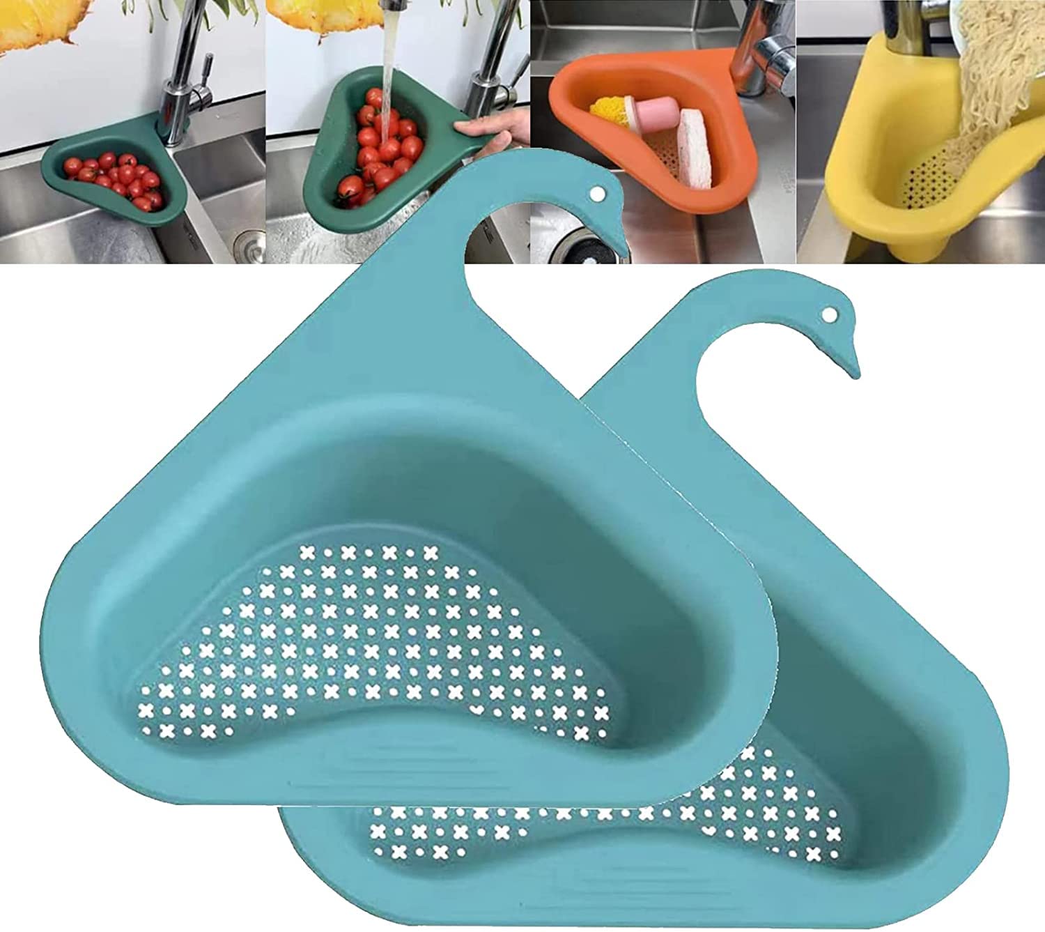 2Pcs Swan-Shaped Sink Drain Basket - Triangular Sink Drain Shelf, Multi-Functional Sink Strainer & Drain Rack - Fits All Kitchen Sinks (Blue) | Perfect for Washing Dishes, Fruits & Vegetables, Organizing Sponges & Soap