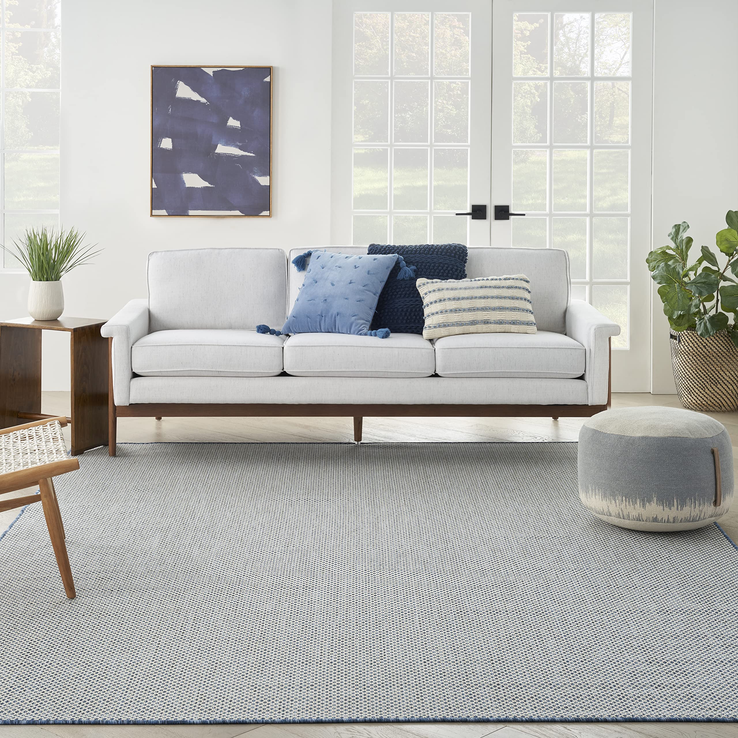 Nourison Courtyard 8' x 10' Indoor/Outdoor Area Rug - Ivory Blue Geometric Design, Easy to Clean, Non-Shedding - Perfect for Bedroom, Living Room, Dining Room, Deck, Patio & Backyard (8x10) | Durable & Stylish Home Decor for All Seasons
