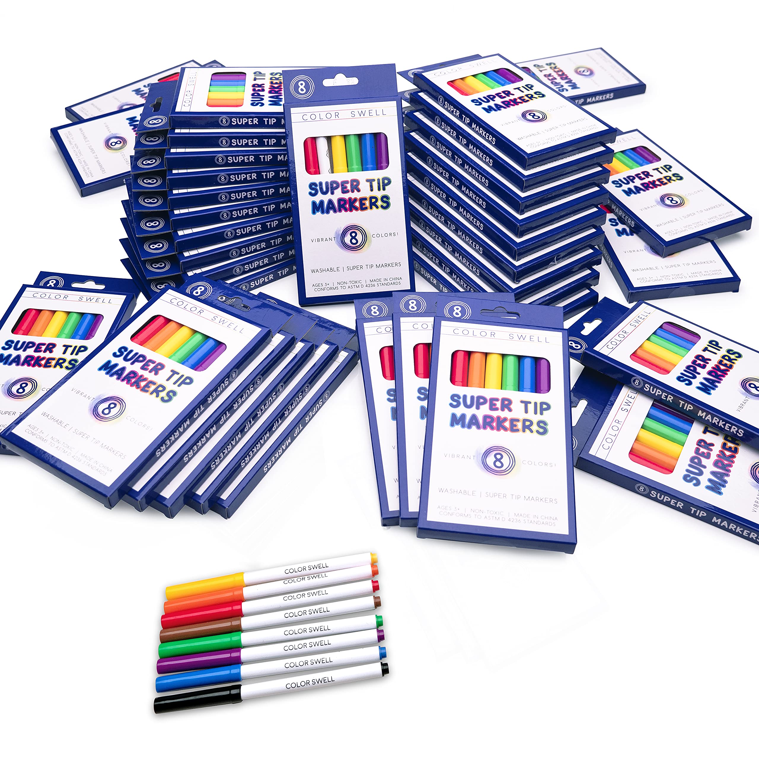 Color Swell Washable Bulk Markers - 36 Packs of 8 Vibrant Colors (288 Total) | Non-Toxic Super Tip Markers for Kids, Adults, Classrooms, Art Projects & Party Favors | Perfect for Coloring Books, DIY Crafts & School Supplies