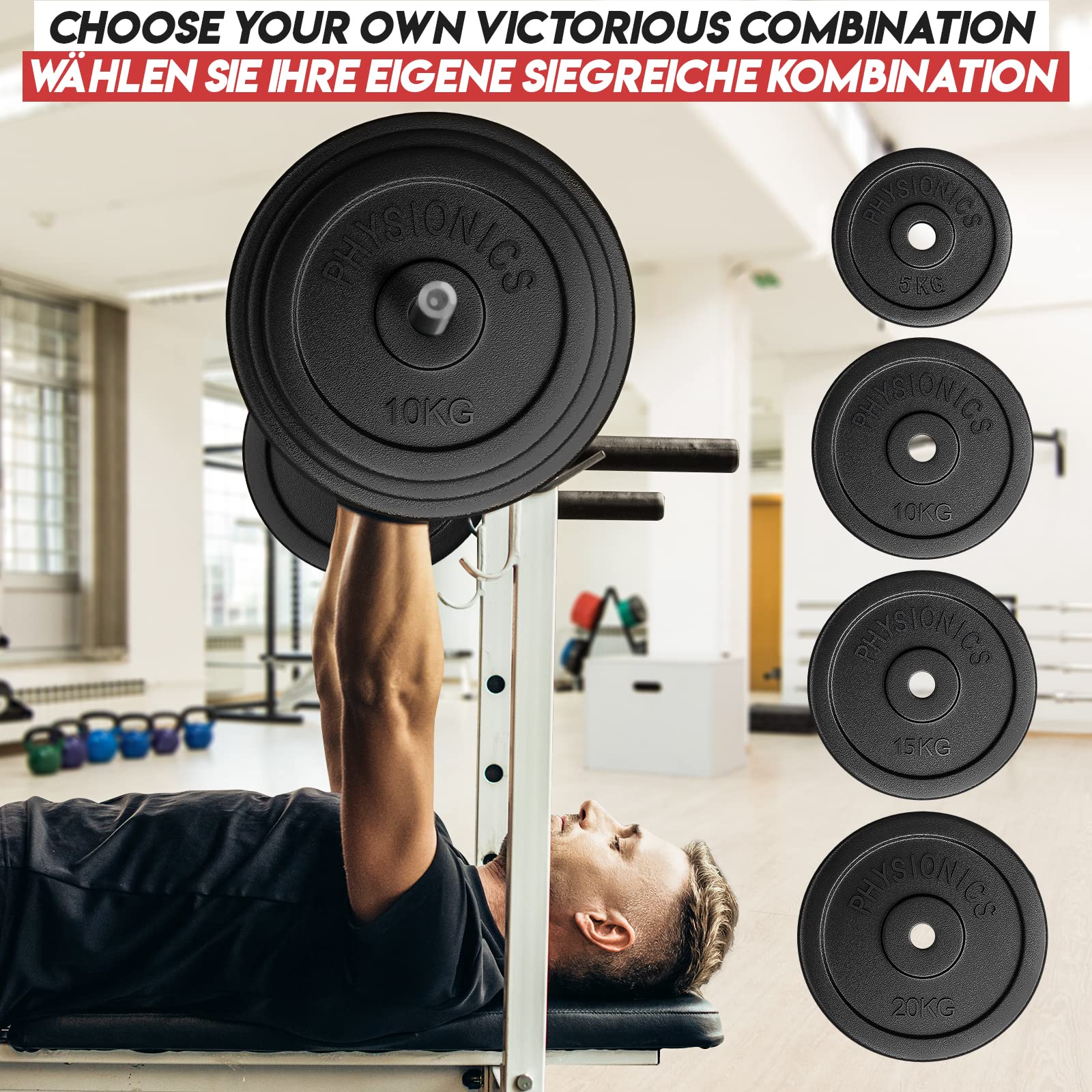 Physionics® Cast Iron Weight Plates Set - 2x5/4x5/6x5/2x10/4x10/6x10/2x15/4x15/6x15/2x20/4x20/6x20 kg, 30mm Hole - Compatible with Dumbbell Bars (Long & Short) - Perfect for Home Gym, Strength Training & Bodybuilding