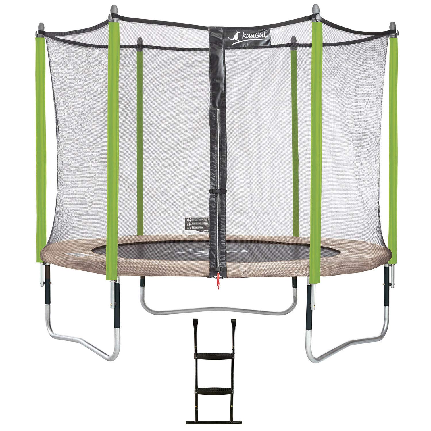 Kangui - Outdoor Garden Trampoline 8.2-10 ft (250-305 cm) to 11.8-14.1 ft (360-430 cm) with Safety Net & Ladder - Jumpi Taupe/Green - Perfect for Backyard Fun, Kids Play & Family Fitness Activities