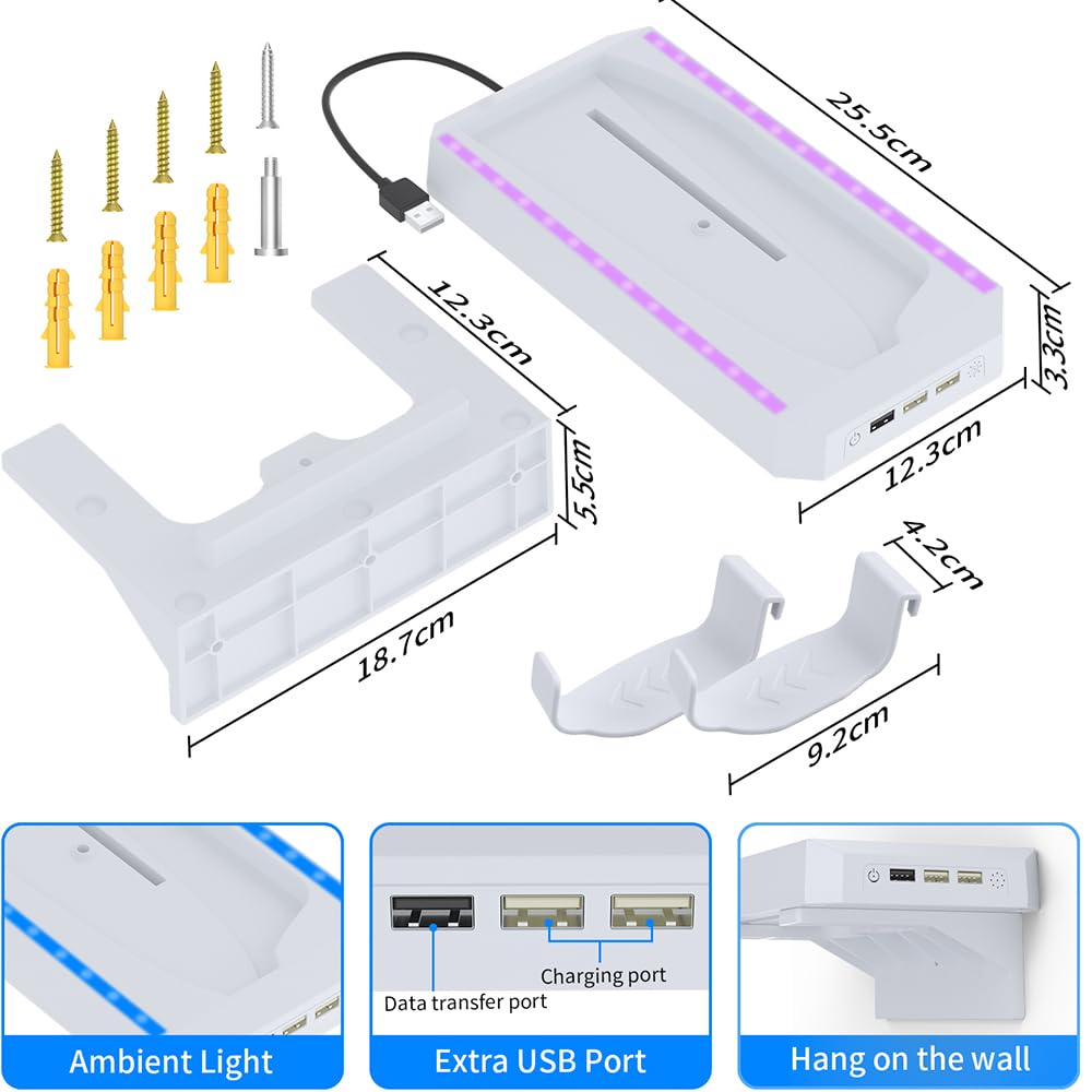 JOYJOM PS5 Slim Stand - Vertical & Wall Mount Kit with RGB LED Lights & 3 USB Ports for PS5 Slim Digital/Disc Edition - Perfect for Gaming Setup & Console Display