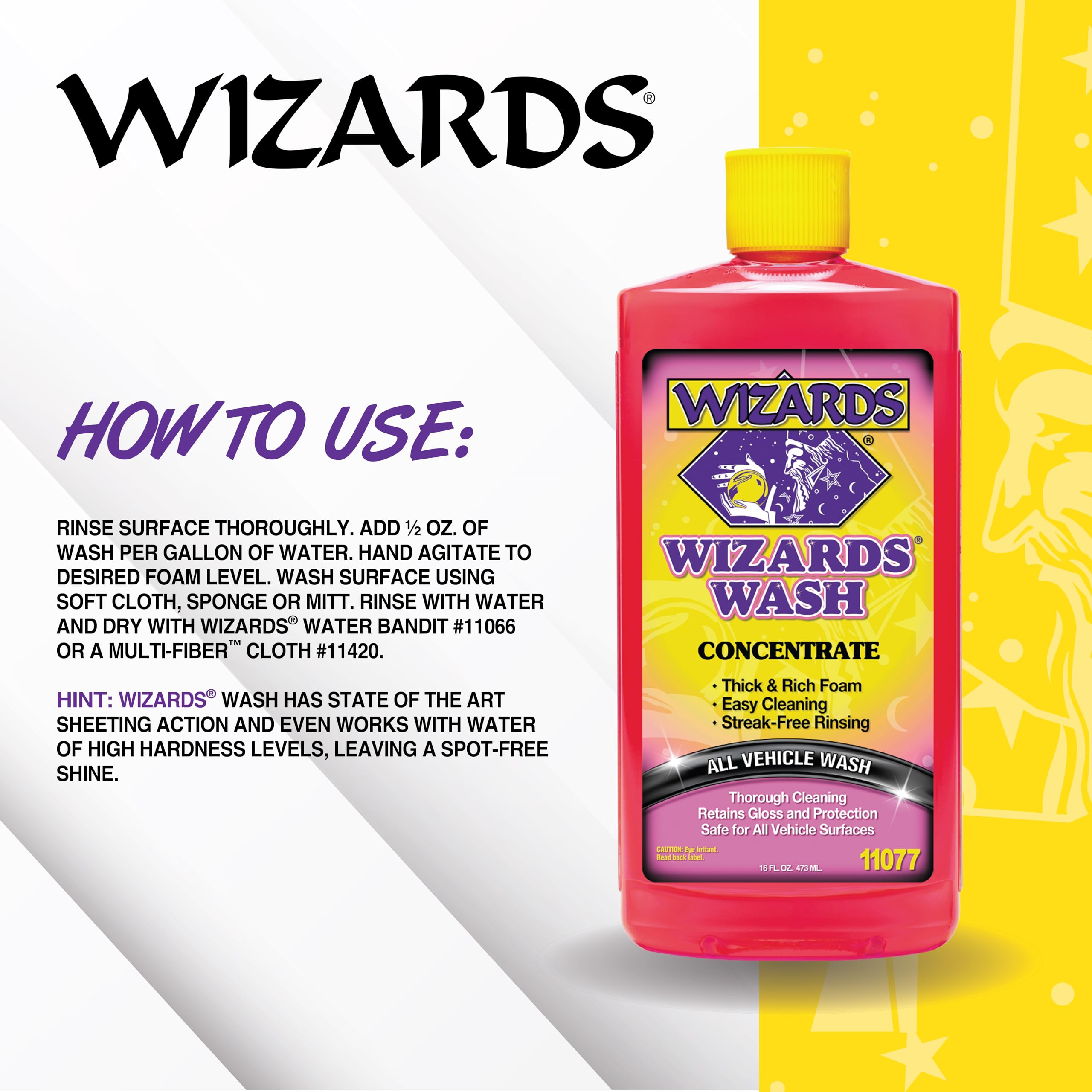 Wizards Car Wash - Super Concentrated No Salt Biodegradable Car Wash Soap (16 oz) - Thick Foam Formula for Cars, Trucks & Marine Vehicles - Perfect for Foam Cannon & Hand Washing at Home or Professional Detailing