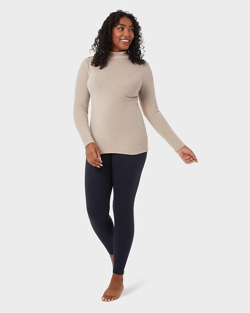 32 Degrees Heat Women's Heavyweight Baselayer Mock Neck Long Sleeve Fleece Top - Warm Winter Thermal Underwear for Skiing, Hiking & Outdoor Activities