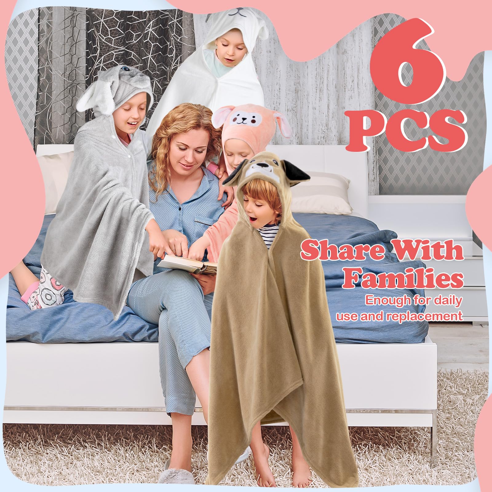 SmoothNovelty 6 Pack Kids Hooded Bath Towels - 27.6