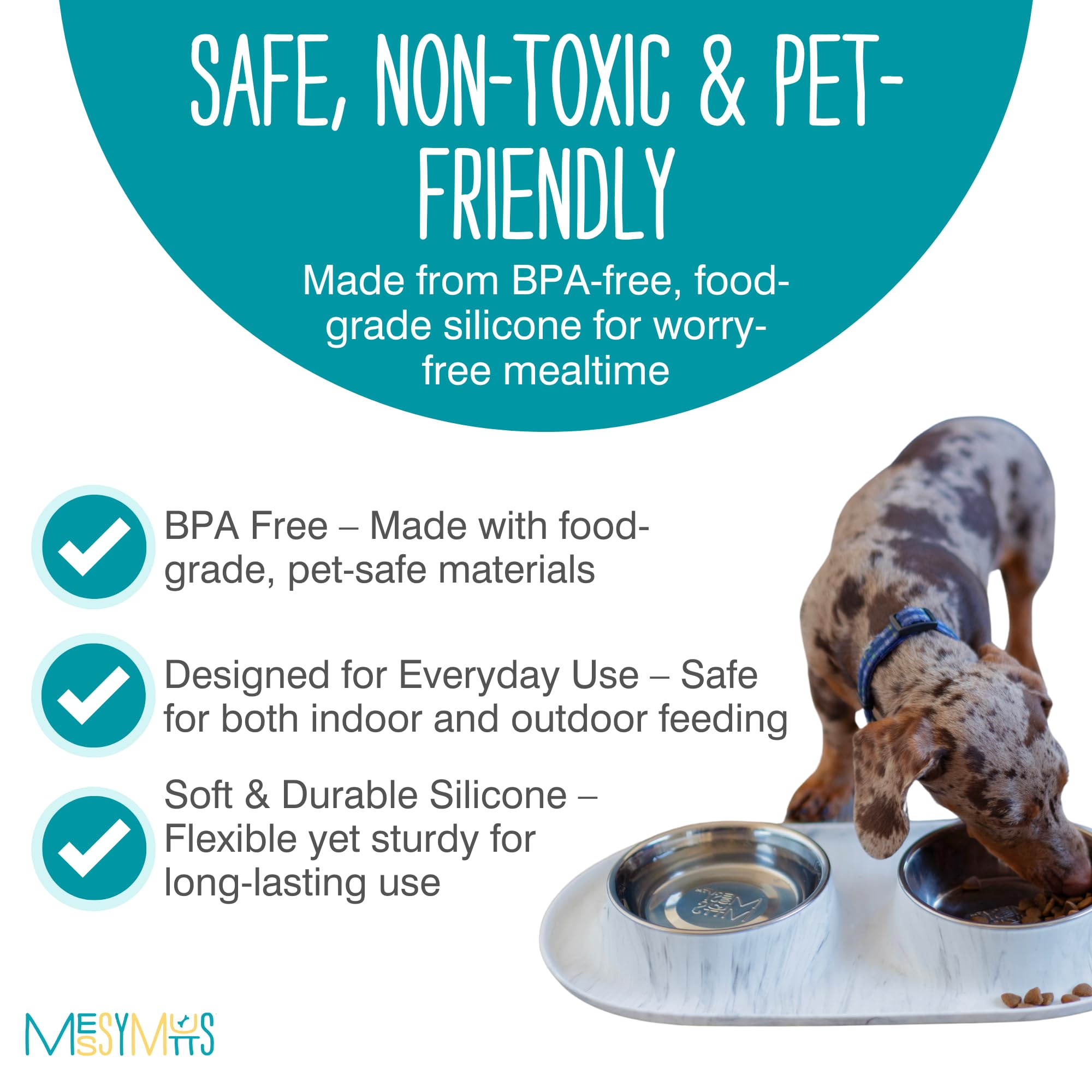 Messy Mutts Double Silicone Dog Feeder with Non-Skid Stainless Steel Bowls - 3 Cups Per Bowl, Large Size for All Pets - Perfect for Mealtime, Travel & Messy Eaters - Marble Design