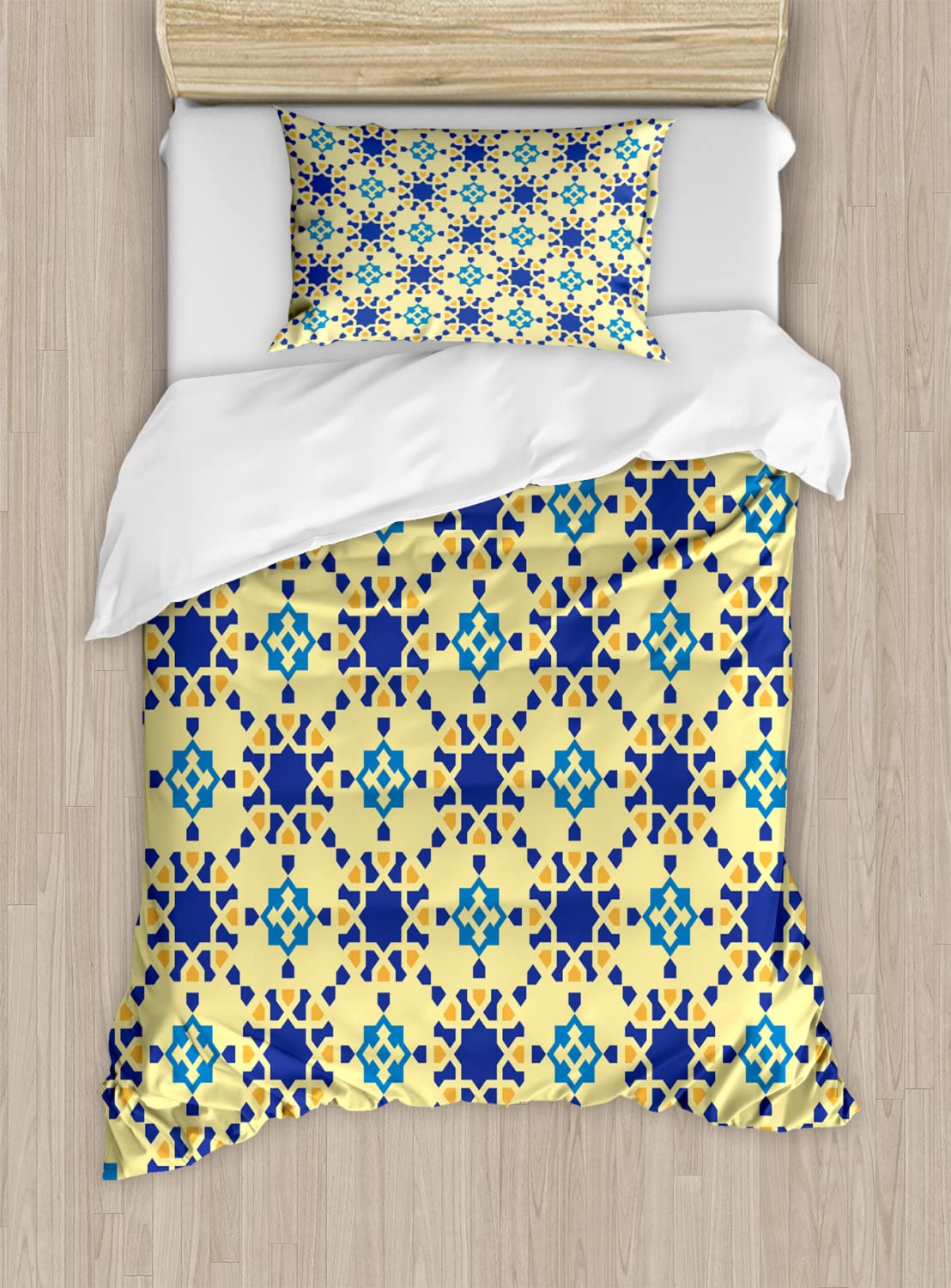 Ambesonne Ethnic Duvet Cover Set - Modern Geometric Floral Design on Cream Background, 2-Piece Twin Size Bedding Set with 2 Duvet Covers & 2 Pillowcases in Violet Blue & Yellow | Perfect for Bohemian Bedroom Decor, Guest Room, and Dorm Room Essentials