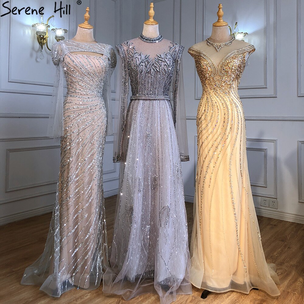 Serene Hill Luxury A-Line Silver Evening Dresses for Women 2025 - Beaded Cape Sleeve Formal Gown for Prom, Gala & Black Tie Events - Style LA71443