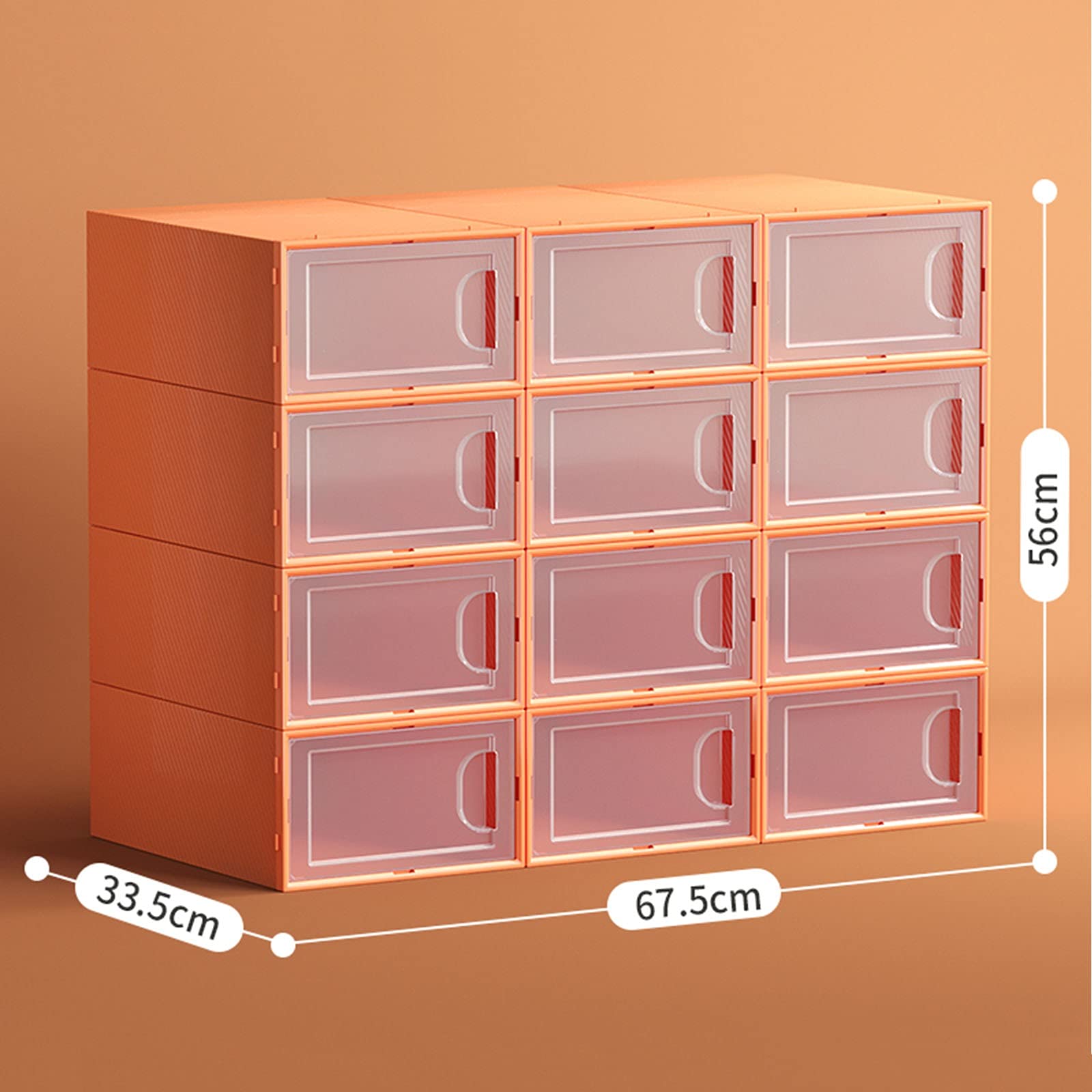 SUNDAY HOME Plastic Stackable Shoe Storage Boxes - 12-Pack Clear Door Shoe Organizer for Closet, Sneaker Display Cabinet | Perfect for Bedroom, Closet & Entryway Organization (Orange)