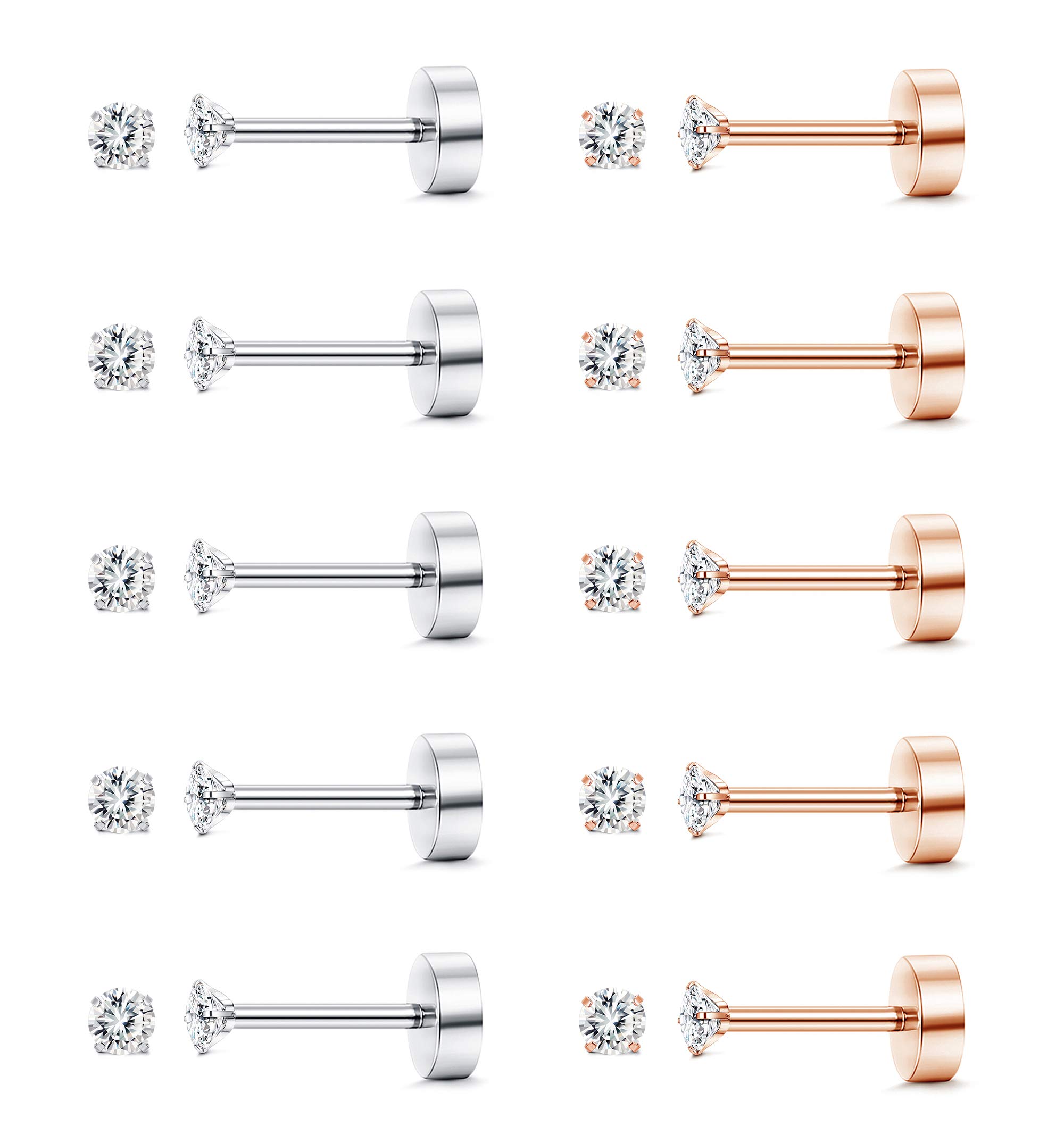10 Pairs 18G Cartilage Earrings Stud for Women & Men - 316L Surgical Steel Flat Back Earrings Set with Round Cubic Zirconia - Barbell Stud Earrings for Cartilage, Tragus & Helix Piercing (2-6mm) - Perfect for Daily Wear, Gifts & Body Jewelry Collection