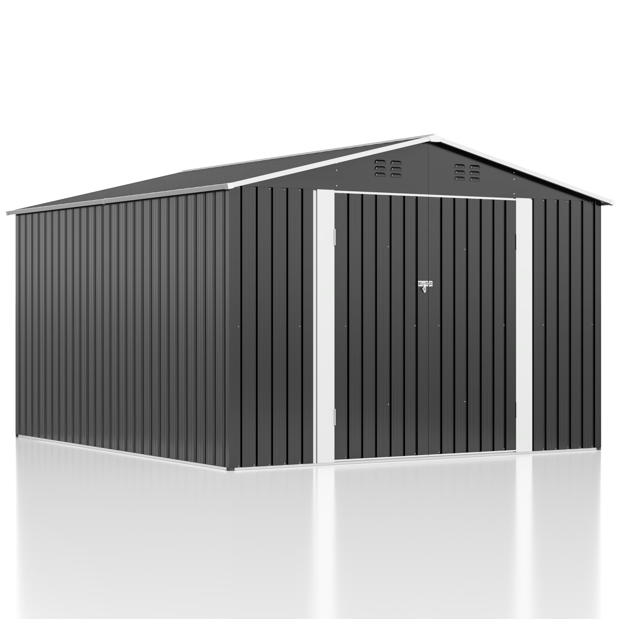 10x10 FT Outdoor Storage Shed - Heavy Duty Metal Garden Shed with Reinforced Frame & Lockable Doors - Waterproof Tool Shed for Backyard, Patio, Lawn Equipment (Grey) - Perfect for Storing Gardening Tools, Lawn Mowers & Outdoor Furniture