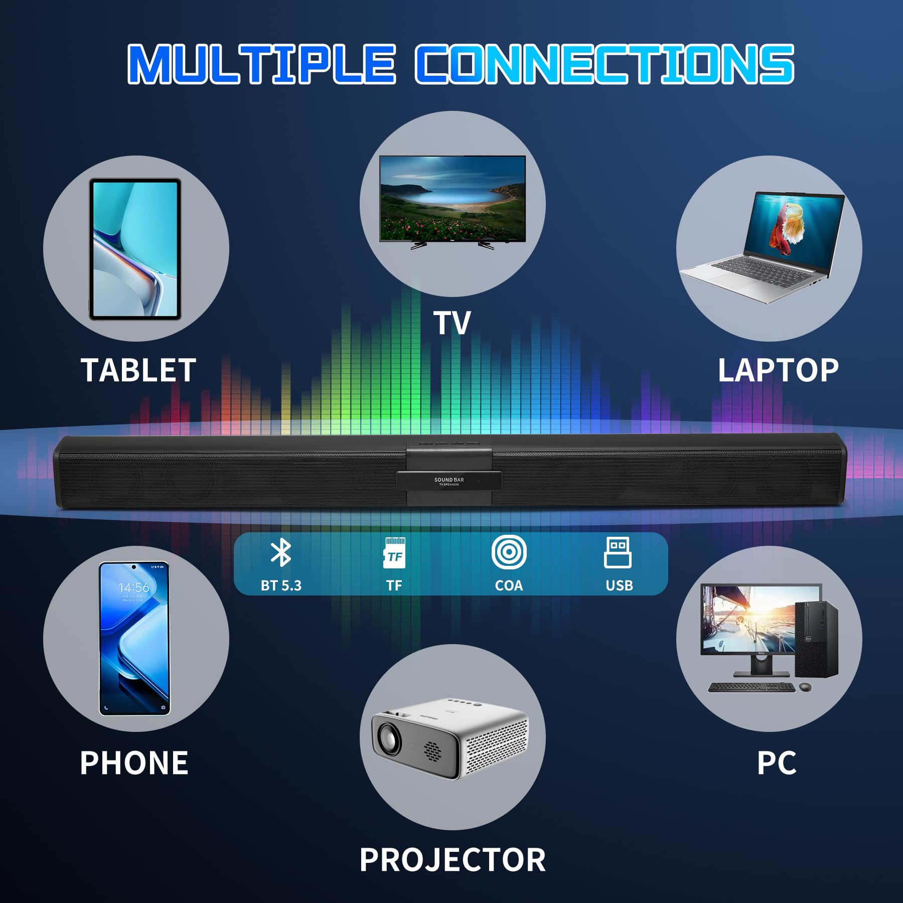 Premium Bluetooth Soundbar for Smart TV with 4 Wireless Mics - AUX/USB/TF/Coaxial Inputs, Surround Sound System (Black) - Perfect for Home Theater, Gaming & Movie Nights