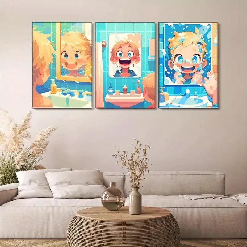 3-Piece Cute Boy Washing Face Comic Style Wall Art Set - Framed Canvas 40x60cm - High Quality Print - 100% Australian Made - Ready to Hang - Perfect for Kids' Room, Bathroom Decor & Playroom Wall Art