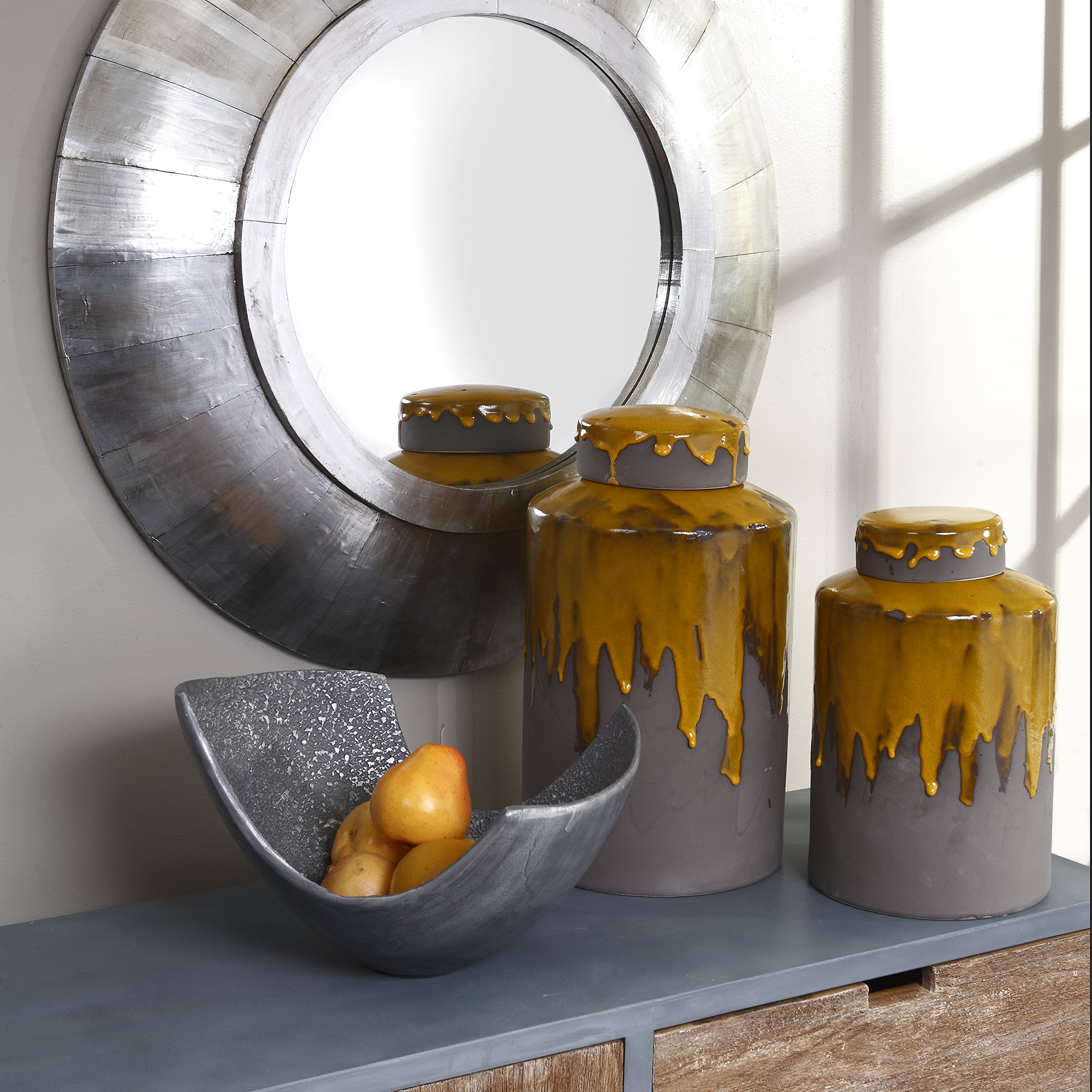 Sagebrook Home Decorative Ceramic Covered Jar - Mustard & Gray - 9.5
