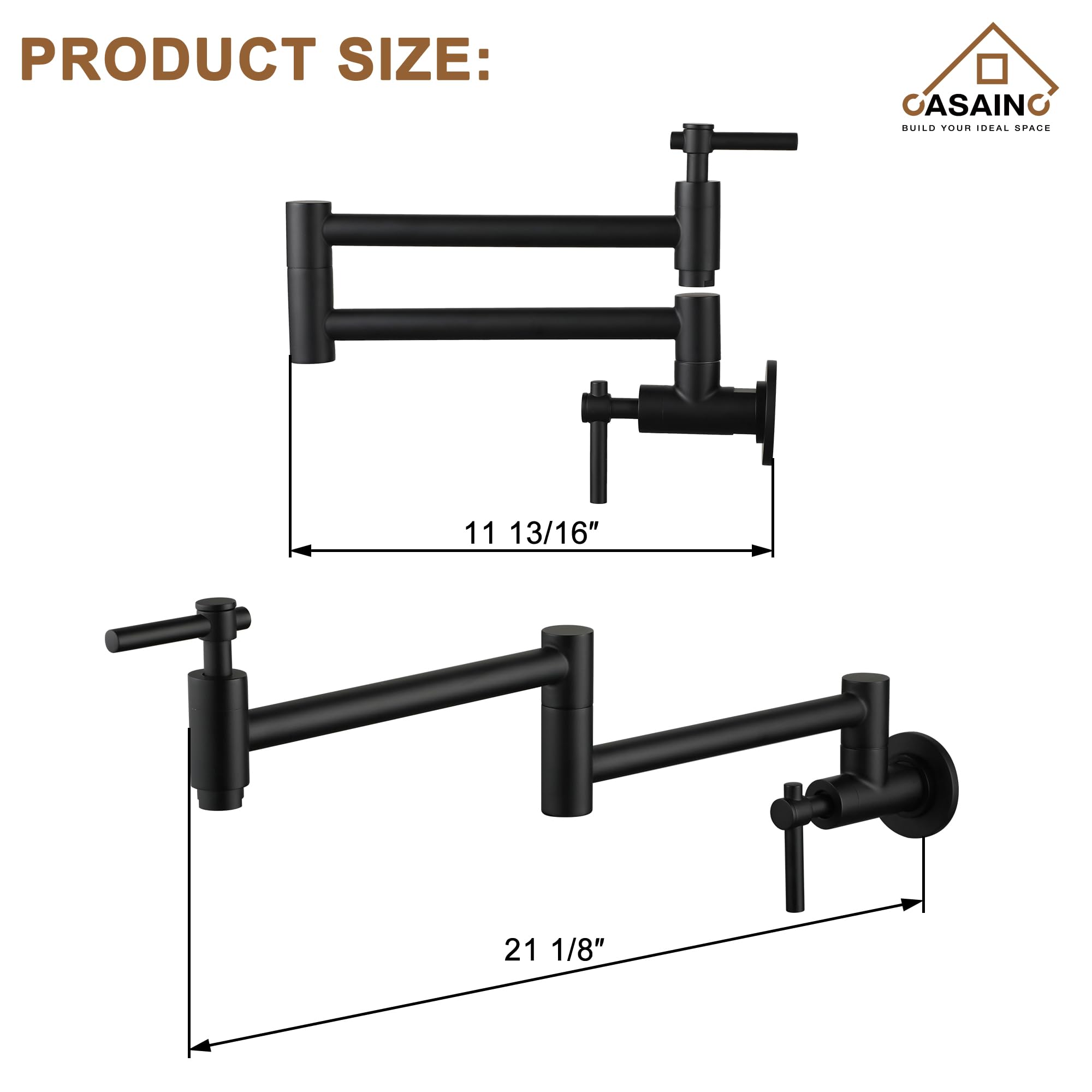 CASAINC Matte Black Wall Mount Pot Filler Faucet - Commercial Grade Brass Swing Arm Folding Kitchen Faucet for Stove - Perfect for Restaurants, Home Kitchens & Cooking Enthusiasts