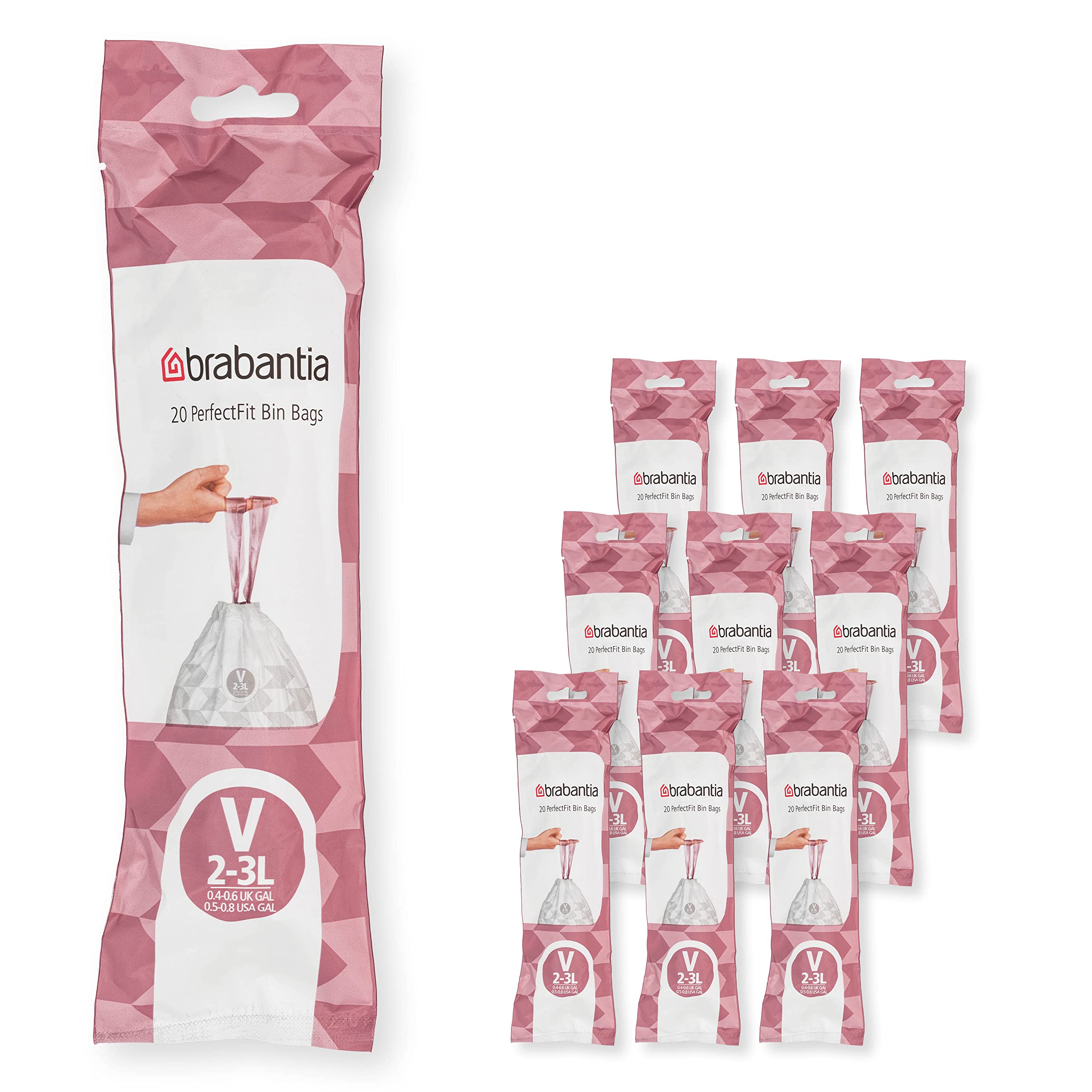 Brabantia PerfectFit Trash Bags - 200 Count, Size V (0.5-0.8 Gallon) - Thick Plastic Drawstring Trash Can Liners with Handles - Ideal for Small Bathroom, Office, or Bedroom Waste Bins