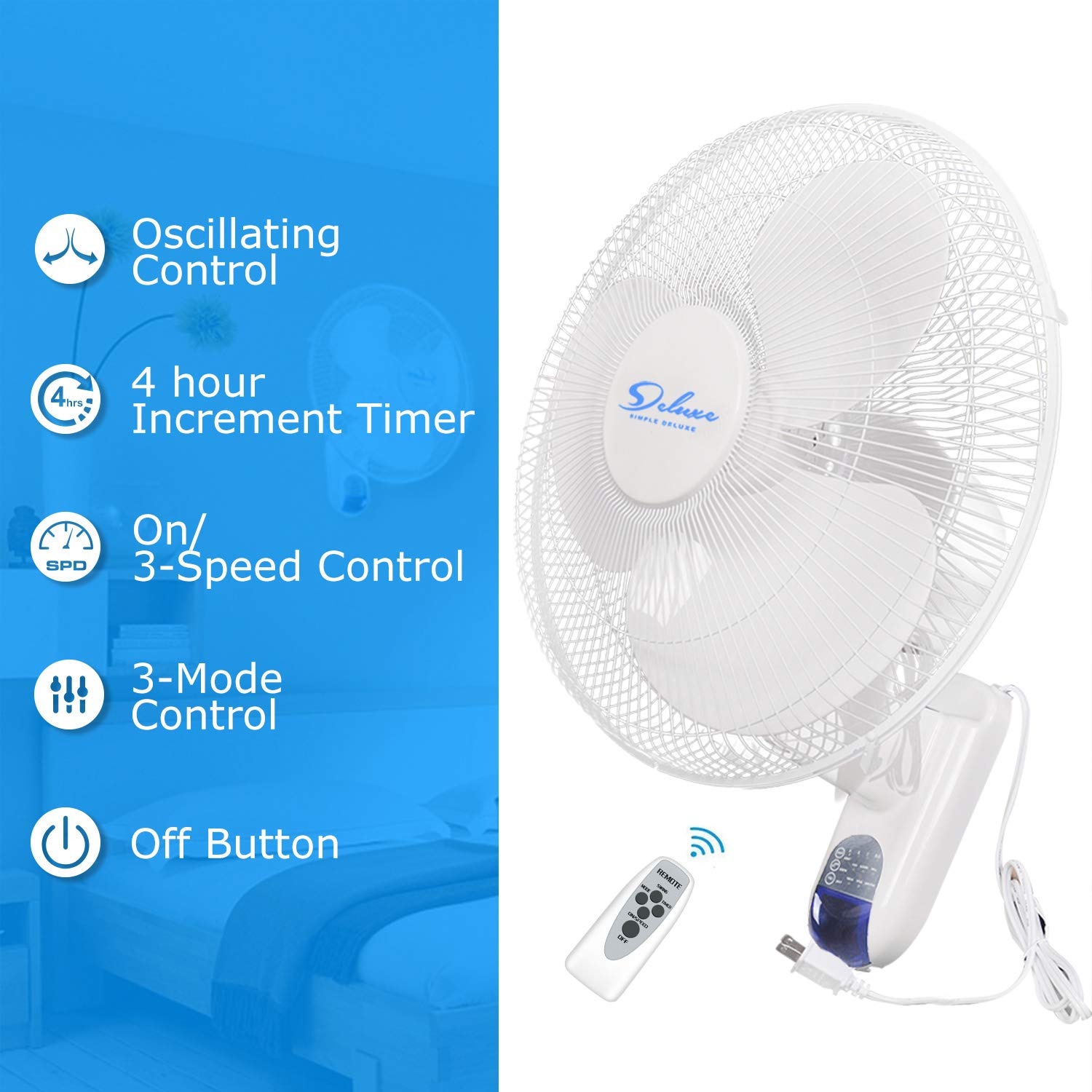 Simple Deluxe 16 Inch Wall Mount Fan with Remote Control - 3 Oscillating Modes, 3 Speed Settings & Timer - Perfect for Home, Office, Bedroom, Garage & Outdoor Use
